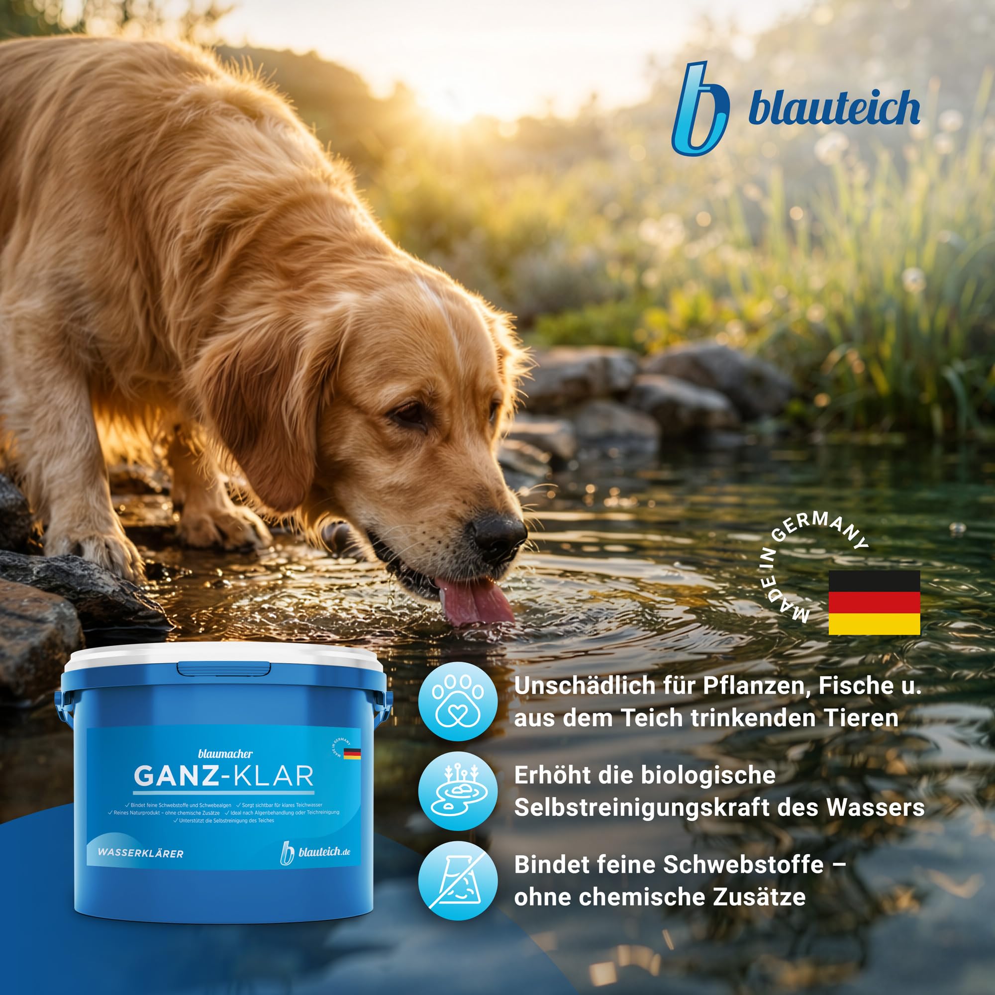 blaumacher GANZ-KLAR – Flockungsmittel & Teichklar-Unterstützung für Teiche, hilft bei Schwebealgen, verbessert Wasserqualität – für Teiche mit Filterbetrieb (2 kg)