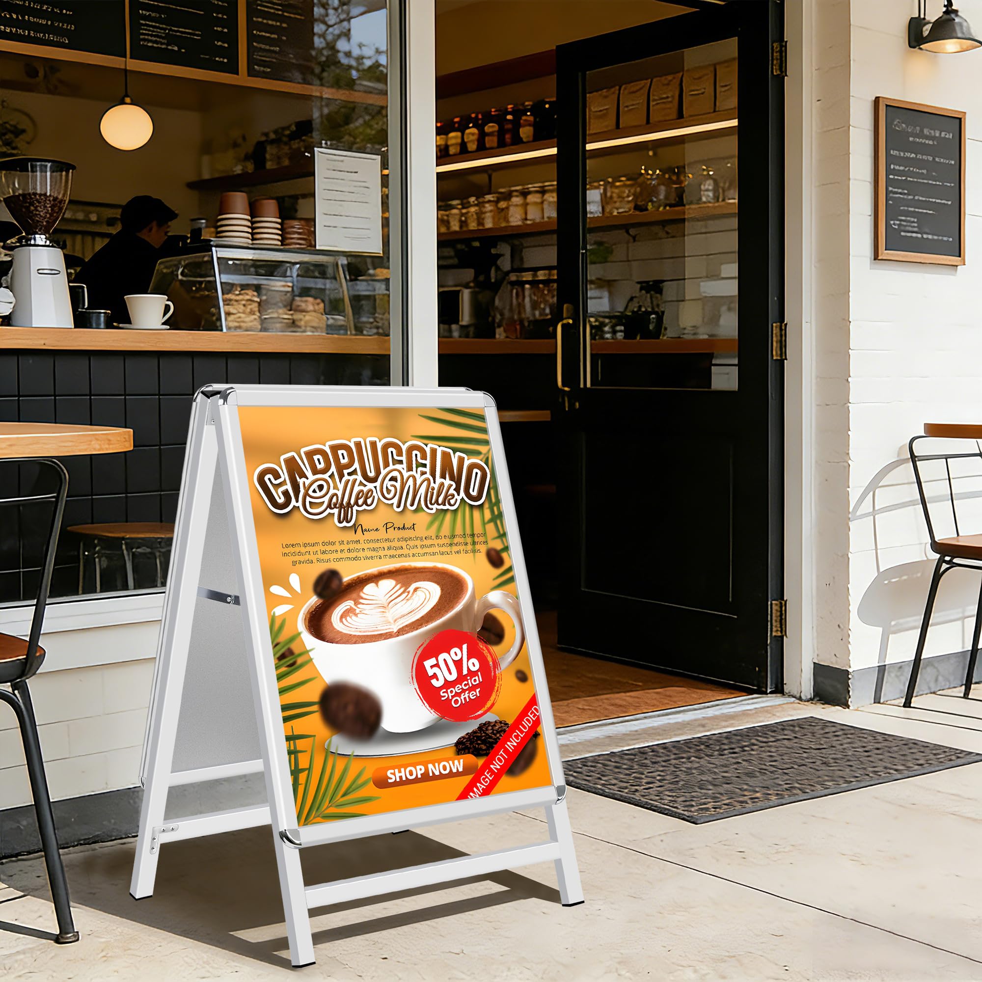 A Board Pavement Sign Frame - A2 tablero del pavimento de doble cara con aluminio Snap Frame Sign Stand para al aire libre Heavy Duty Cartel Menú Stand Publicidad Display Stand, Plata