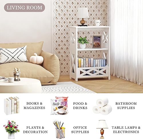 Miniatura 4 de BYFU Mesa auxiliar blanca, mesa auxiliar pequeña con estante de almacenamiento, mesita de noche de 3 niveles, estantería para espacios pequeños,