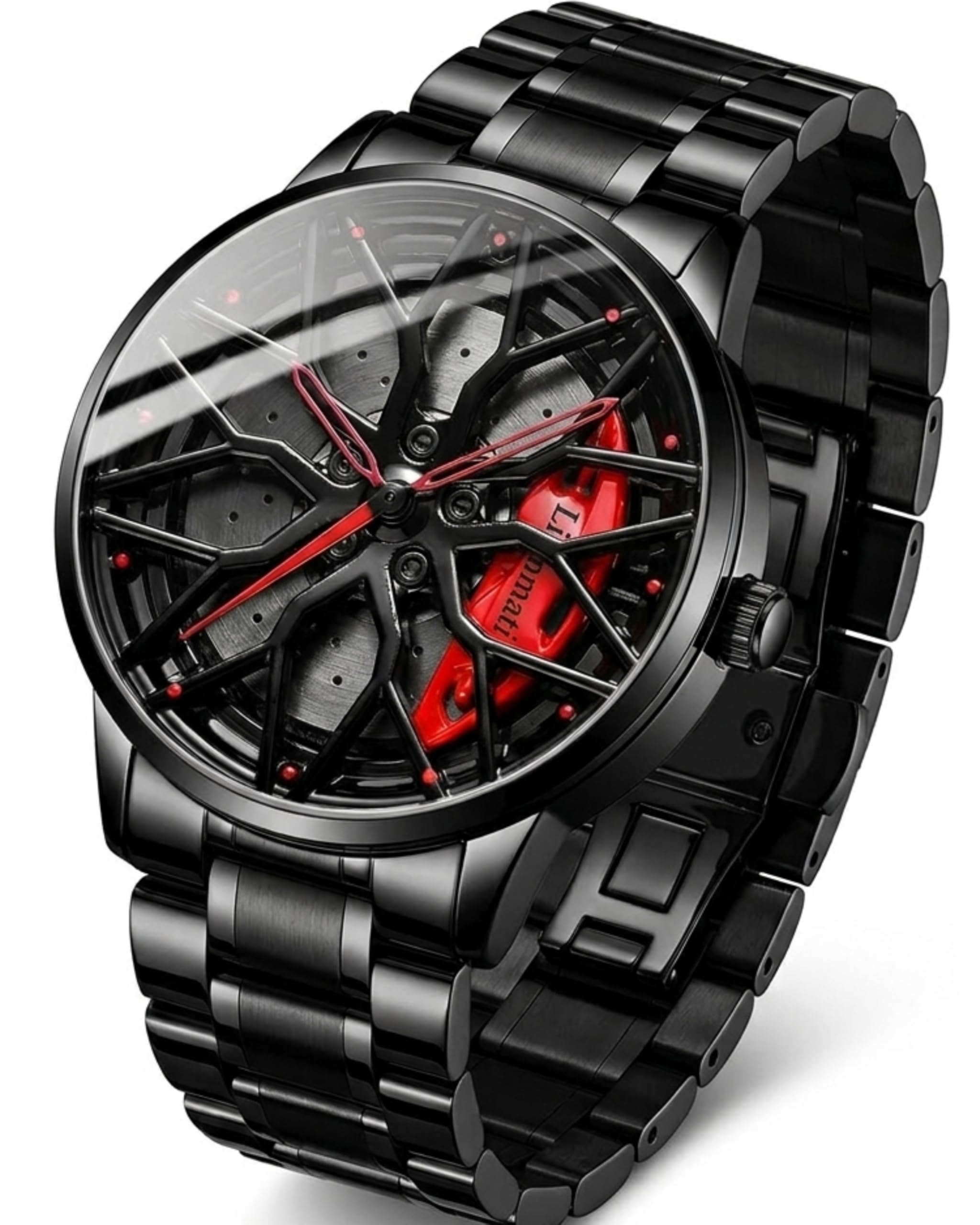 lionmati Men’s Quartz Watch with Rotating Alloy Wheel Dial | Brake Disc Inspired Sport Car Wheel Watch for Men & Boys, Black Stainless Steel Bracelet, Red Hands Spinner Design-picture-46