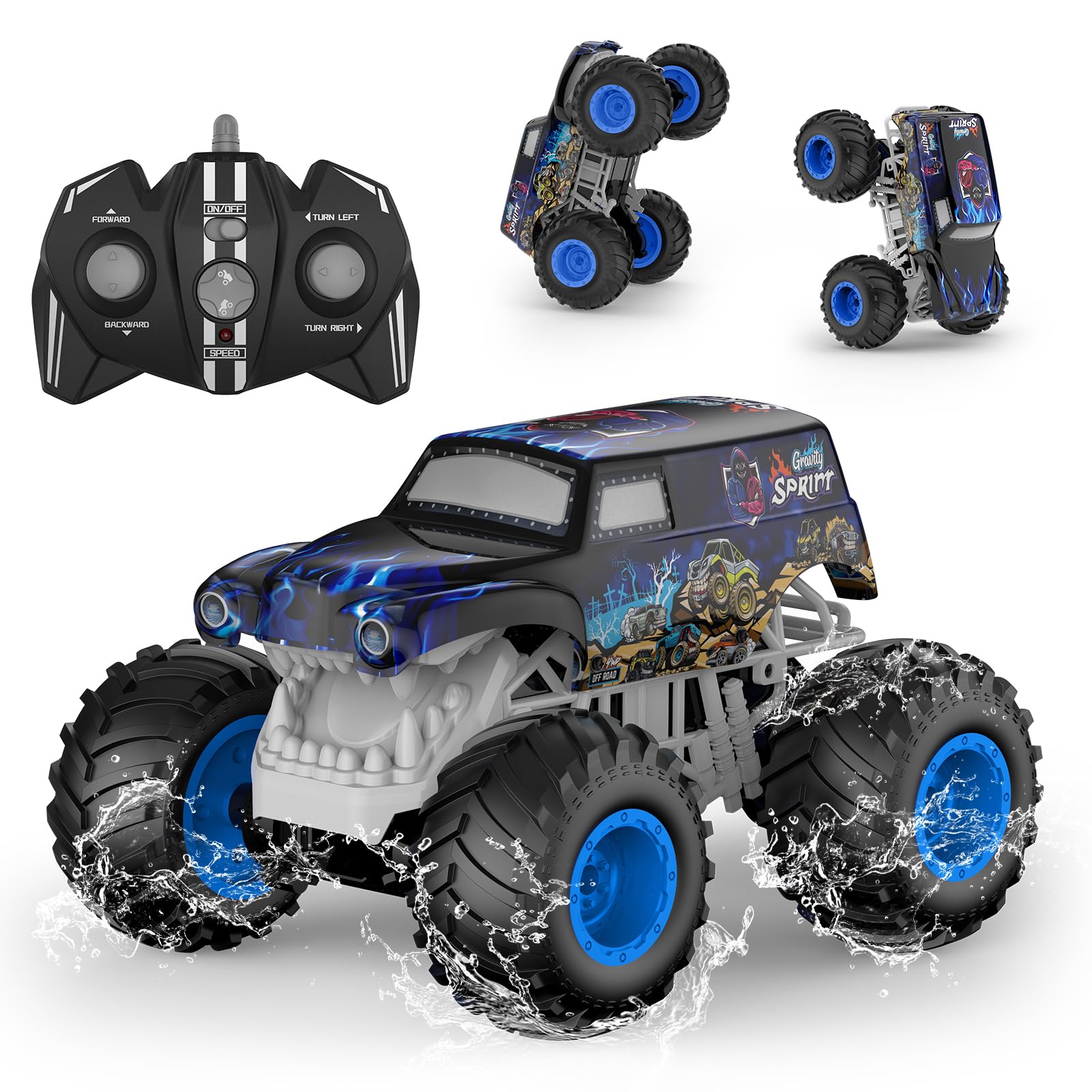 1:14 Waterproof RC Truck, Front & Rear Wheelie Monster Truck, 4WD Amphibious Hobby Toy with LED Light, All Terrain Off-Road Stunt Toy for 4 5 6 7 8 9 10 11 12 Year Old Boys Girls
