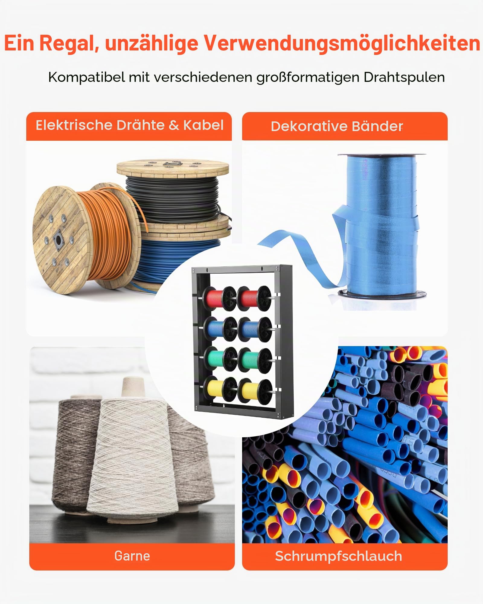 VEVOR Drahtspulenhalter, 4 verstellbare Stangen, Wandmontierter Kabelspulenhalter aus kaltgewalztem Stahl, Kabelaufbewahrungs- & Präsentationsregal, Tragkraft 68 kg, für Verschiedene Bedingungen