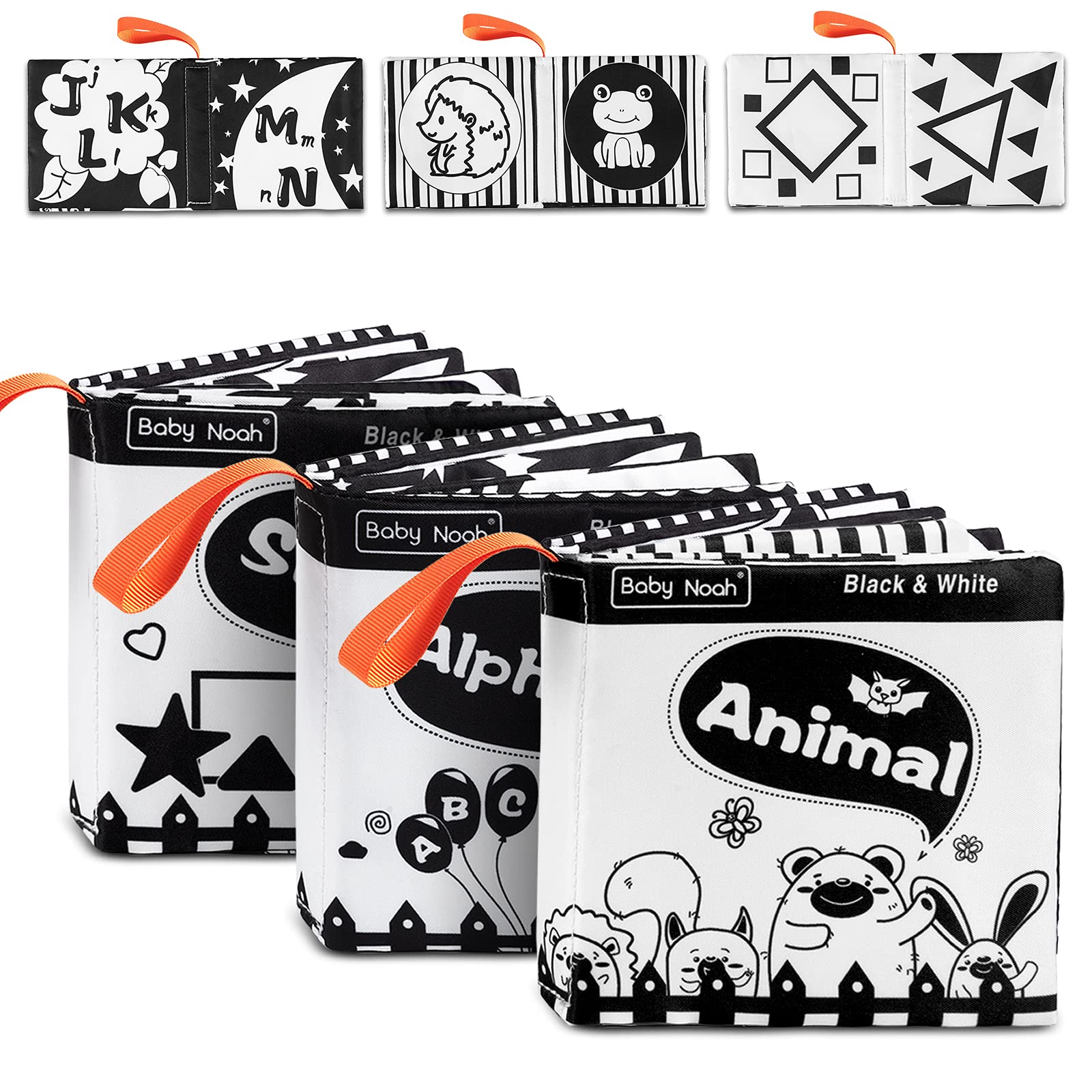 Baby First Soft Activity Cloth Book Set, High Contrast Black and White Interactive Crinkle Soft Book Bundle for Infant, Baby Early Education for Brain Development with Alphabet, Shape, Animal