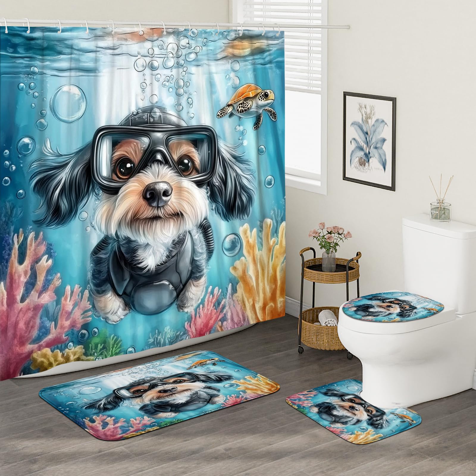4-teiliges Badezimmer-Zubehör-Set mit frühlingshaftem Schnauzer, mit rutschfestem Teppich, U-Form und WC-Deckelbezug, lustiger Welpe, Kinder, Ozean, Cartoon, Badezimmer, dekorativ, 183 x 183 cm