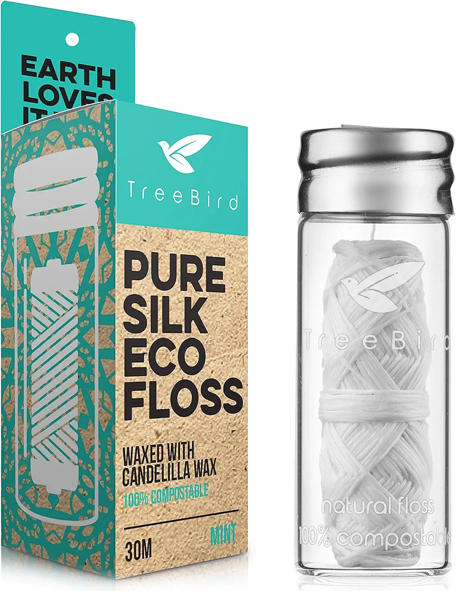Biodegradable Dental Floss with a Refillable Glass Holder | Naturally Waxed with Candelilla Wax | 100% Compostable | 33yds/30m Natural Silk Spool | Eco-Friendly Zero Waste Oral Care | Mint Flavored