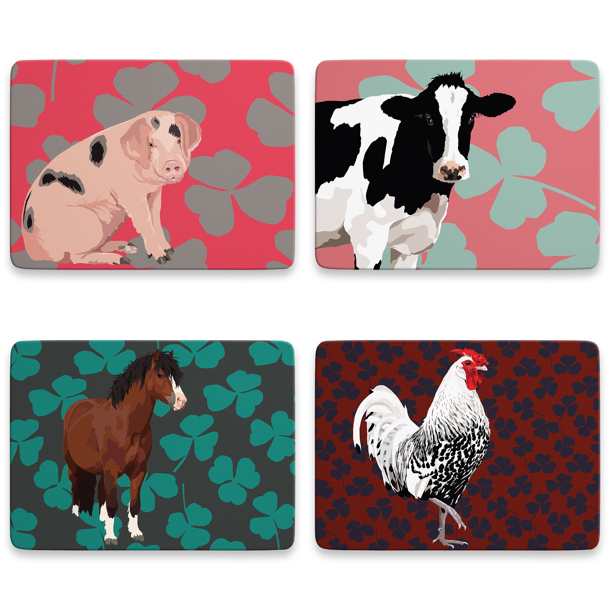 Leslie Gerry Multicolor Animal Placemats Set Of 4 Cow Horse Rooster Pig