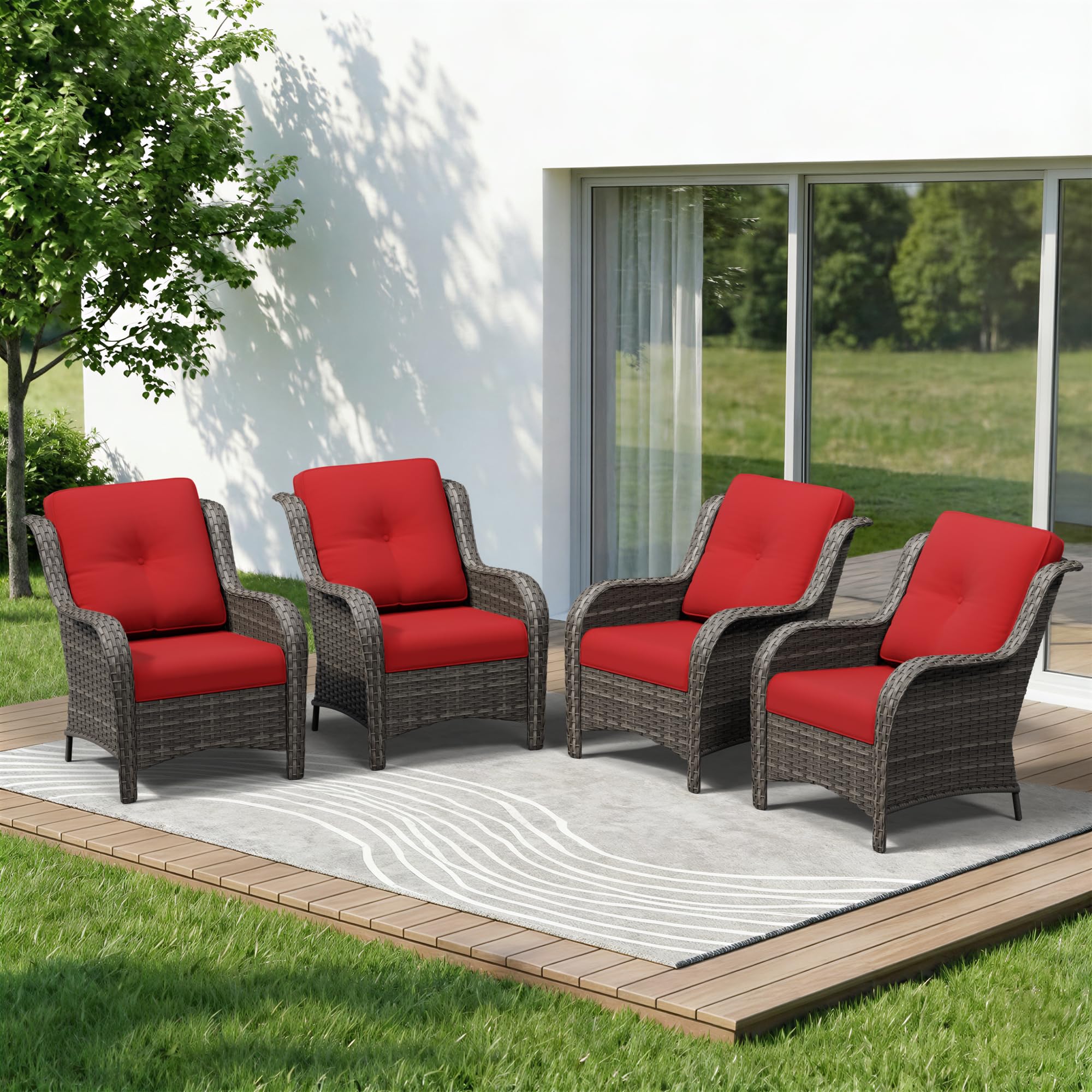 4 Piece Outdoor Wicker Patio Furniture Set, Patio Chairs Set of 4 with Thickened Olefin Cushions, High Back and Deep Seating, Hand-Woven PE Rattan for Porch, Deck, Red