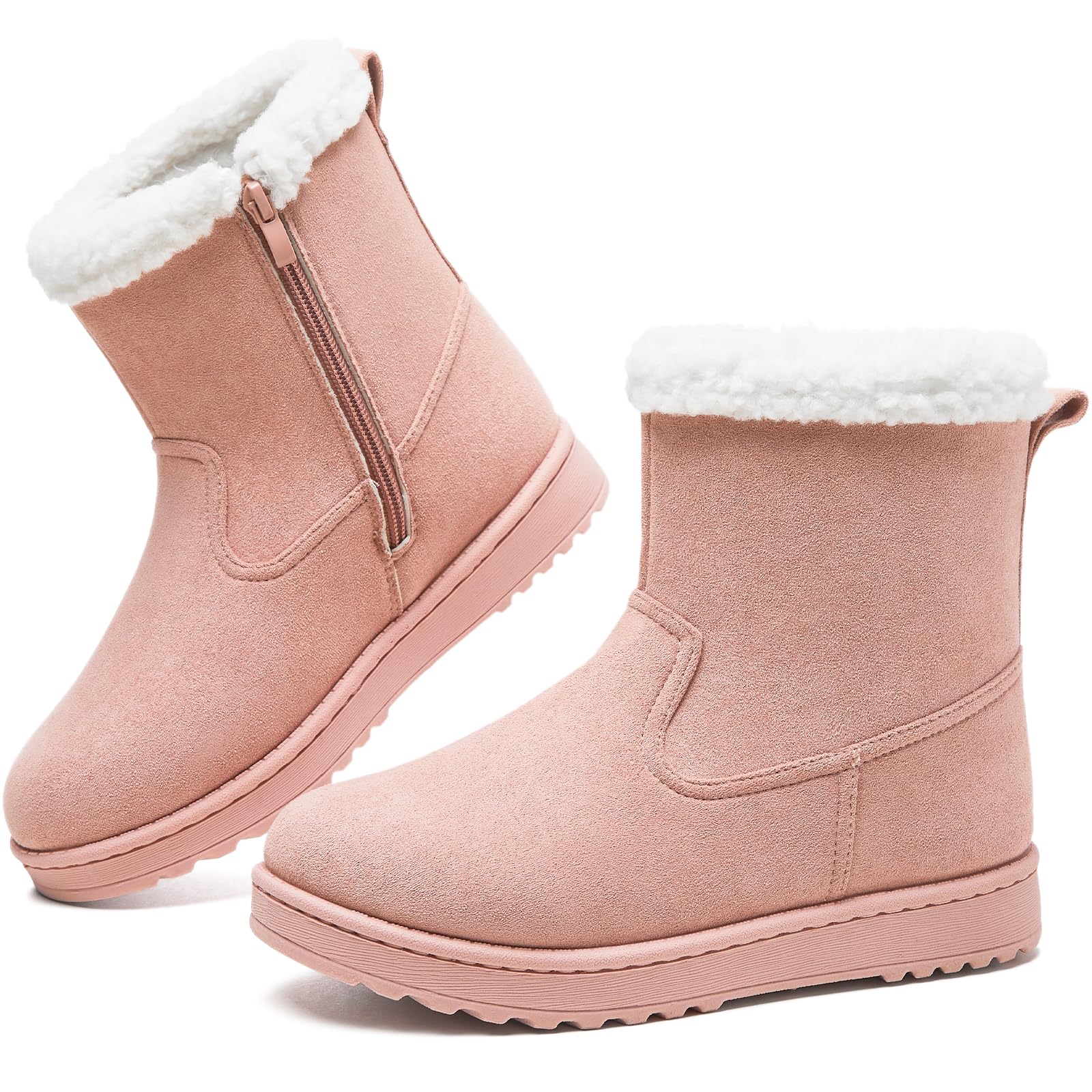 Winter Ankle Black Boots for Women - Slip-On Mini Boots with Side Zipper, Faux Fur Lining & Splash-Resistant