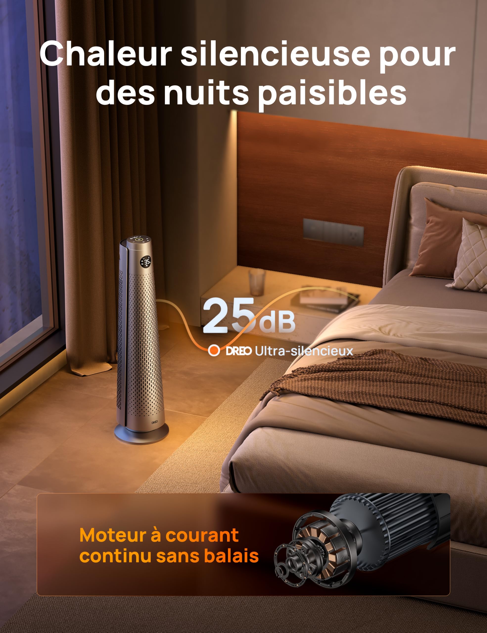 Dreo Chauffage soufflant éco-énergétique 2000W avec télécommande, 25 dB silencieux, oscillation 120°, thermostat, 5 modes 3 vitesses, protection 7 niveaux, minuterie 12h, chauffage céramique PTC