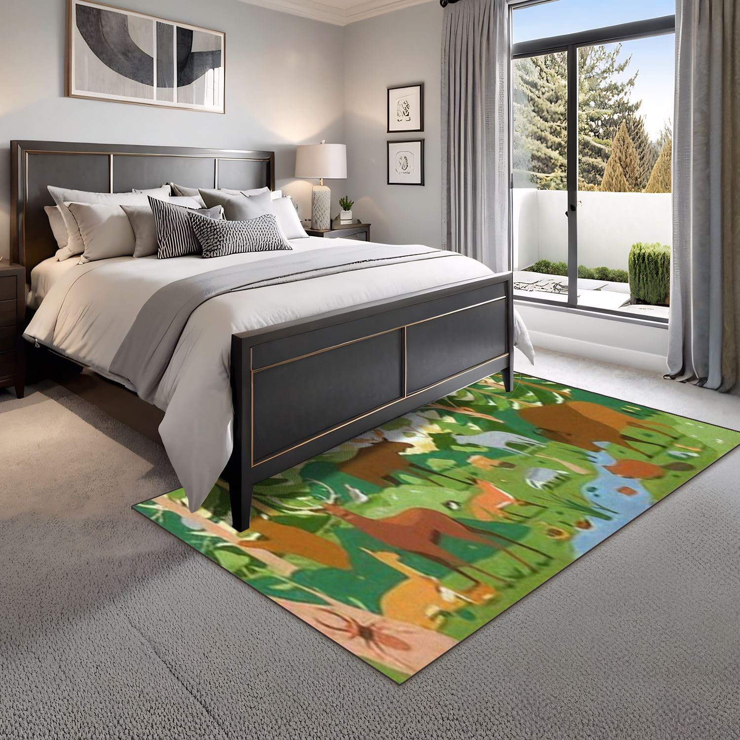 4x5 Boho Rug Rugs for Living Room Rugs for Entryway Forest Animals Wild Nature Environment Landscape Trees Nursery Room Decor Bedroom Rug Door Mat Woodland Rainbow Carpet