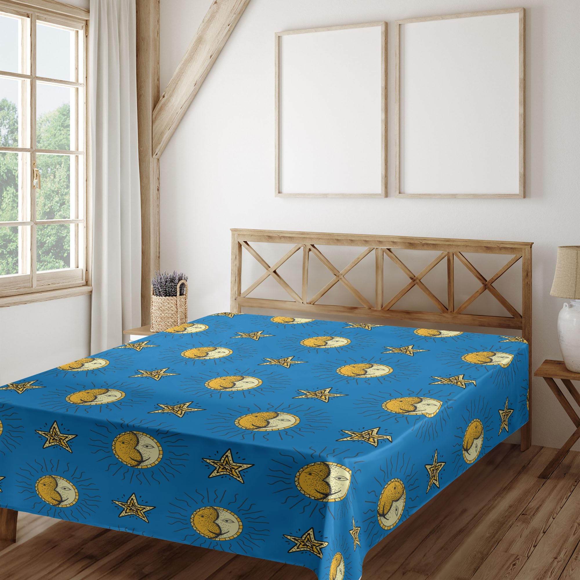 Ambesonne Cartoon Flat Sheet, Sun and Moon Phases Doodle Cosmos Planetary 's Cartoon Design, Soft Comfortable Top Sheet Decorative Bedding 1 Piece, Full Size, Cobalt Blue and Mustard