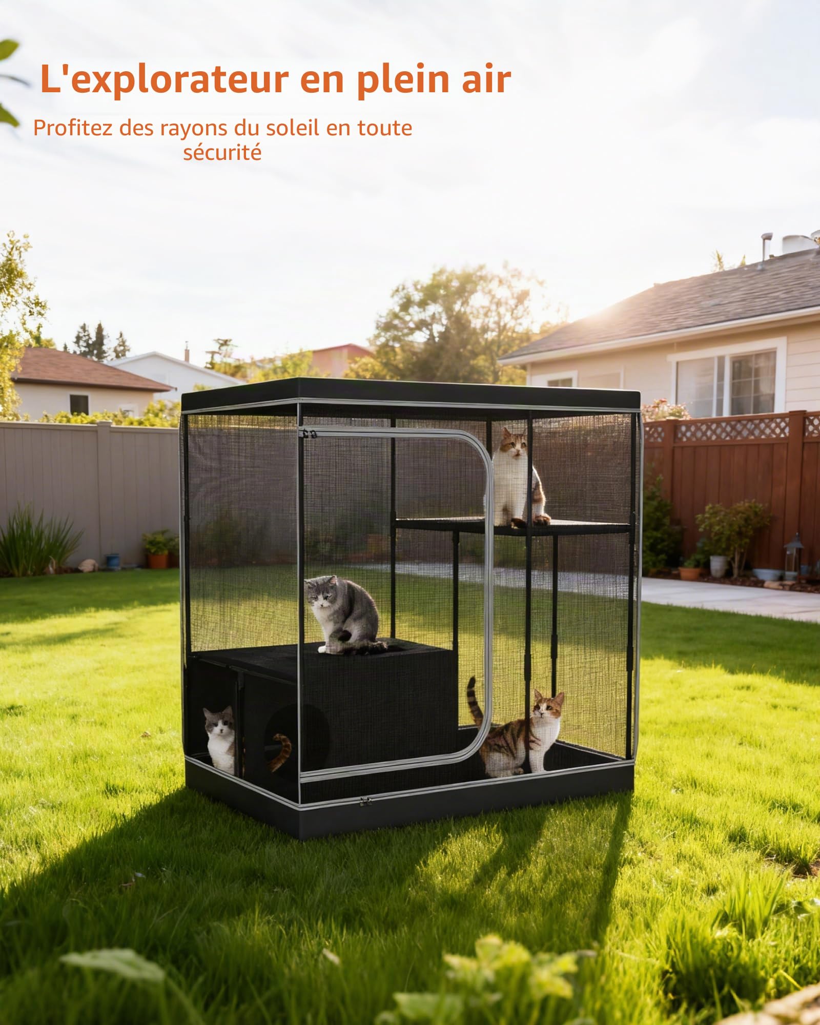 DINMO Grande Cage pour Chat, Enclos Intérieur avec Bac à Litière, Parc pour Chats et Petits Animaux, Chenil à Plusieurs Niveaux, Fond imperméable, Noir