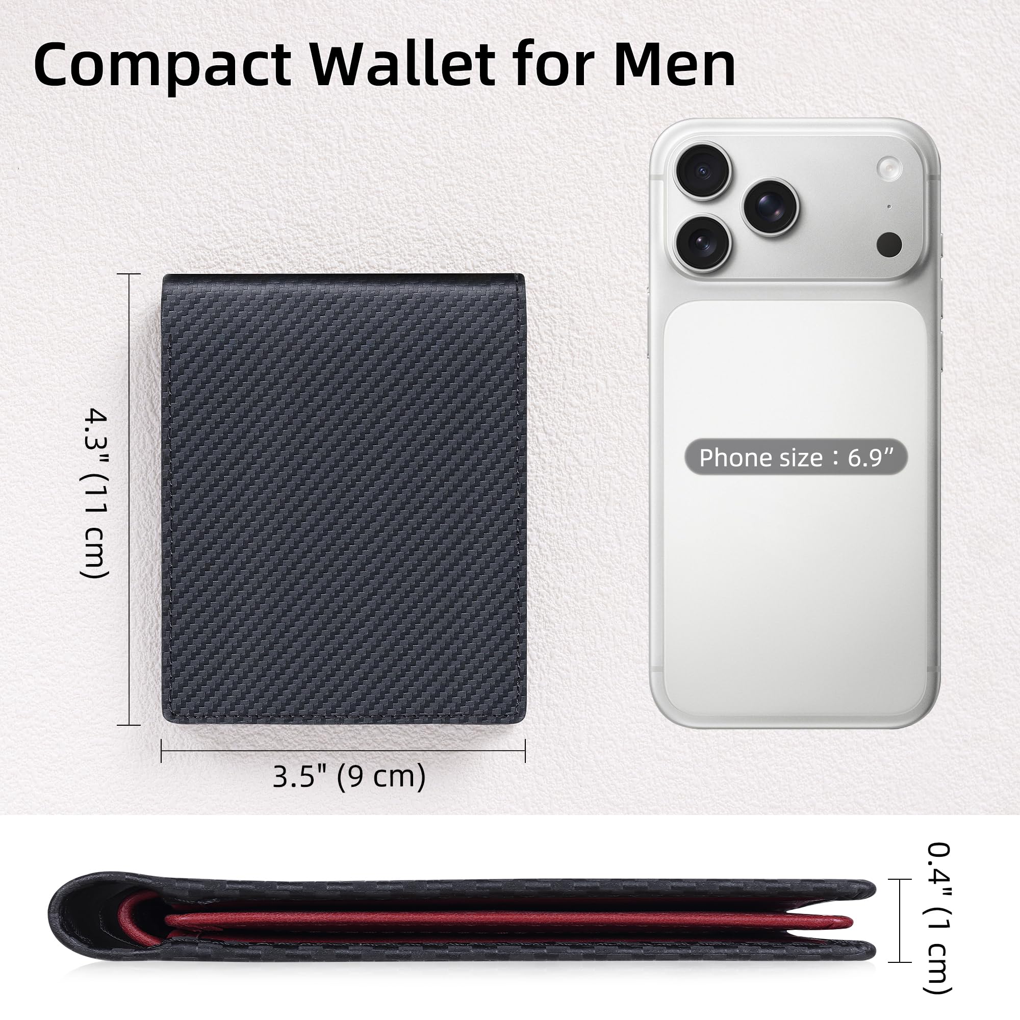 VISOUL Cartera de Cuero de Fibra Carbono para Hombres con Bloqueo RFID Billetera Plegable de Cuero Genuino Hombres con Ventana de ID Abatible hacia Arriba y 9 Ranuras para Tarjetas-Negro+Rojo Marrón