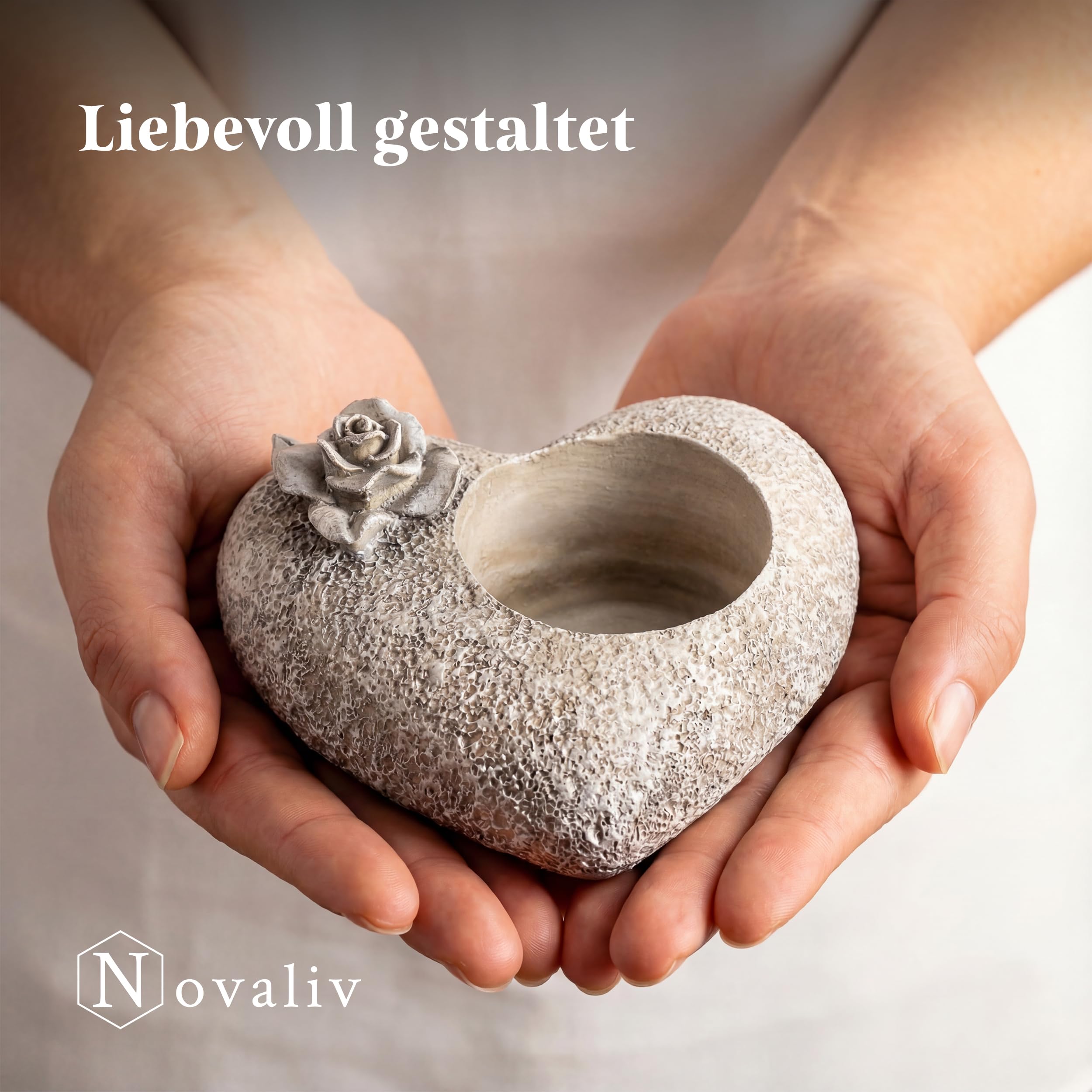 Novaliv, decorazione per tomba a forma di cuore e rosa, in grigio, pietra commemorativa e portacandele per lumini