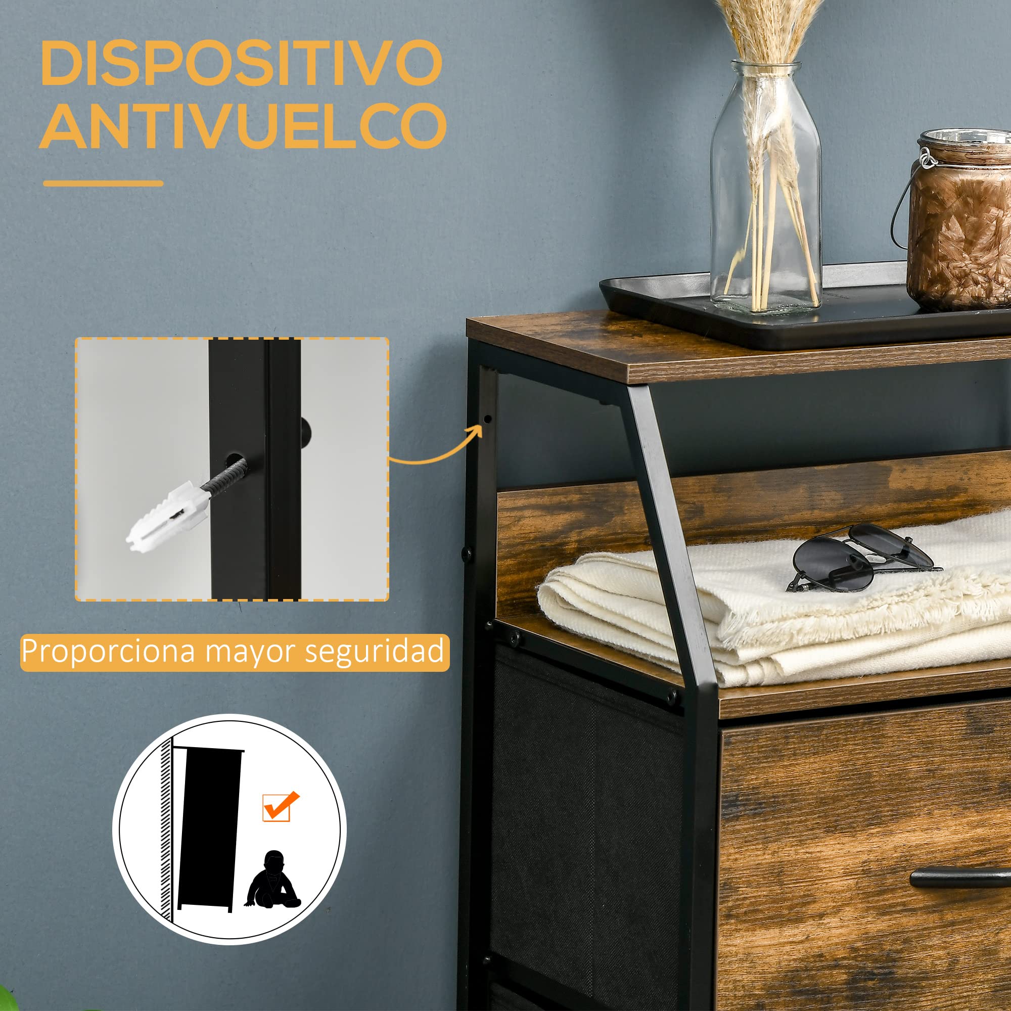 HOMCOM Mueble Organizador Cajonera de Tela con Cajones Plegables Estante Abierto y Marco de Acero Estilo Industrial para Salón Recibidor Dormitorio 44x29x92 cm Marrón Rústico