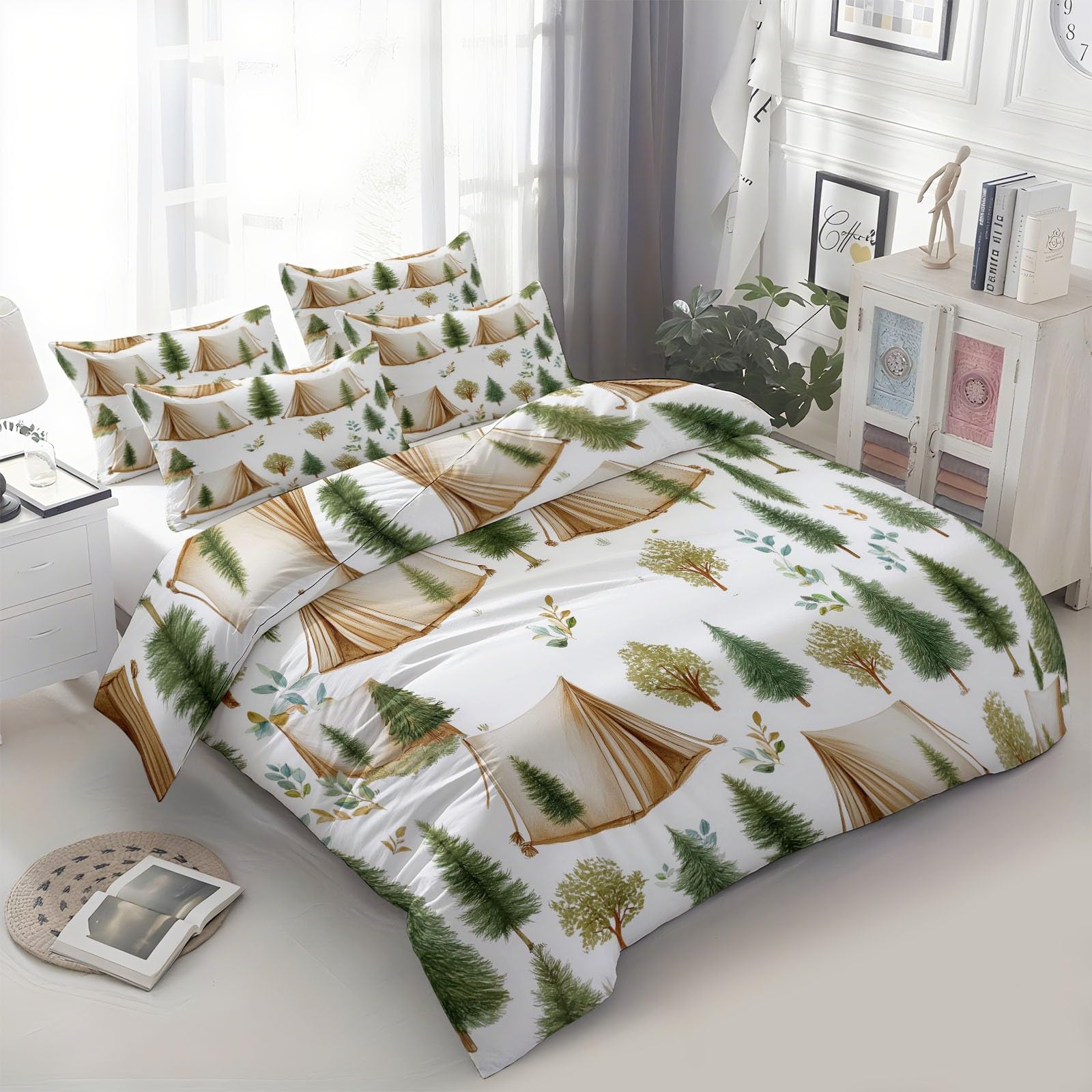 Set copripiumino super king size, 260 x 220 cm, morbido, stampato, moderno, tenda da campeggio, in microfibra spazzolata, copripiumino con 2 federe, bianco
