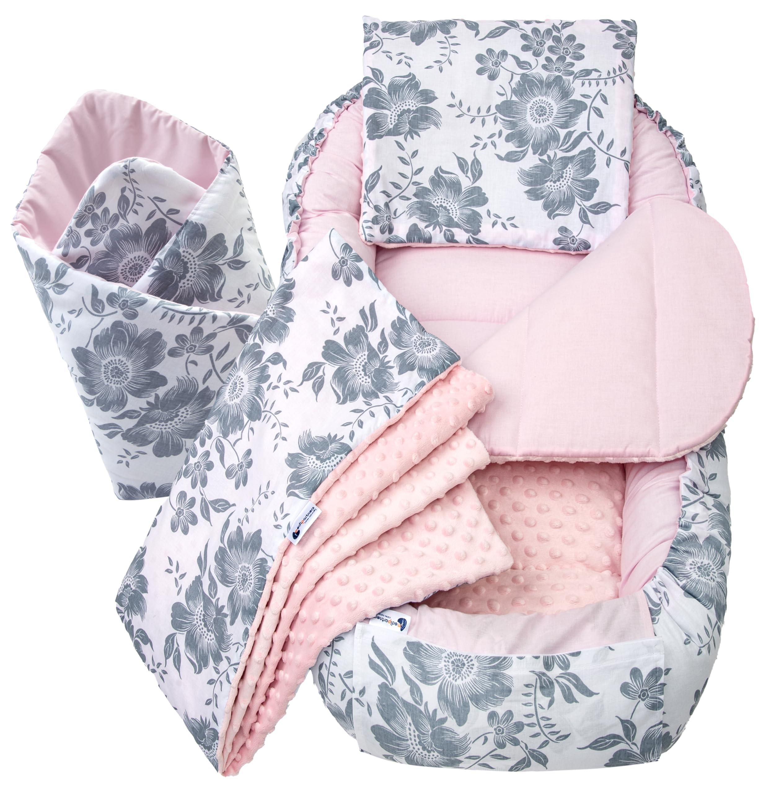 Medi Partners Babynest Nestchen Baby Set für Neugeborene - 100x60x15 Kuschelnest 5 teilig tragbar Nest zweiseitig Babynestchen Bett 100% Baumwolle (Berry mit Rosa Minky)