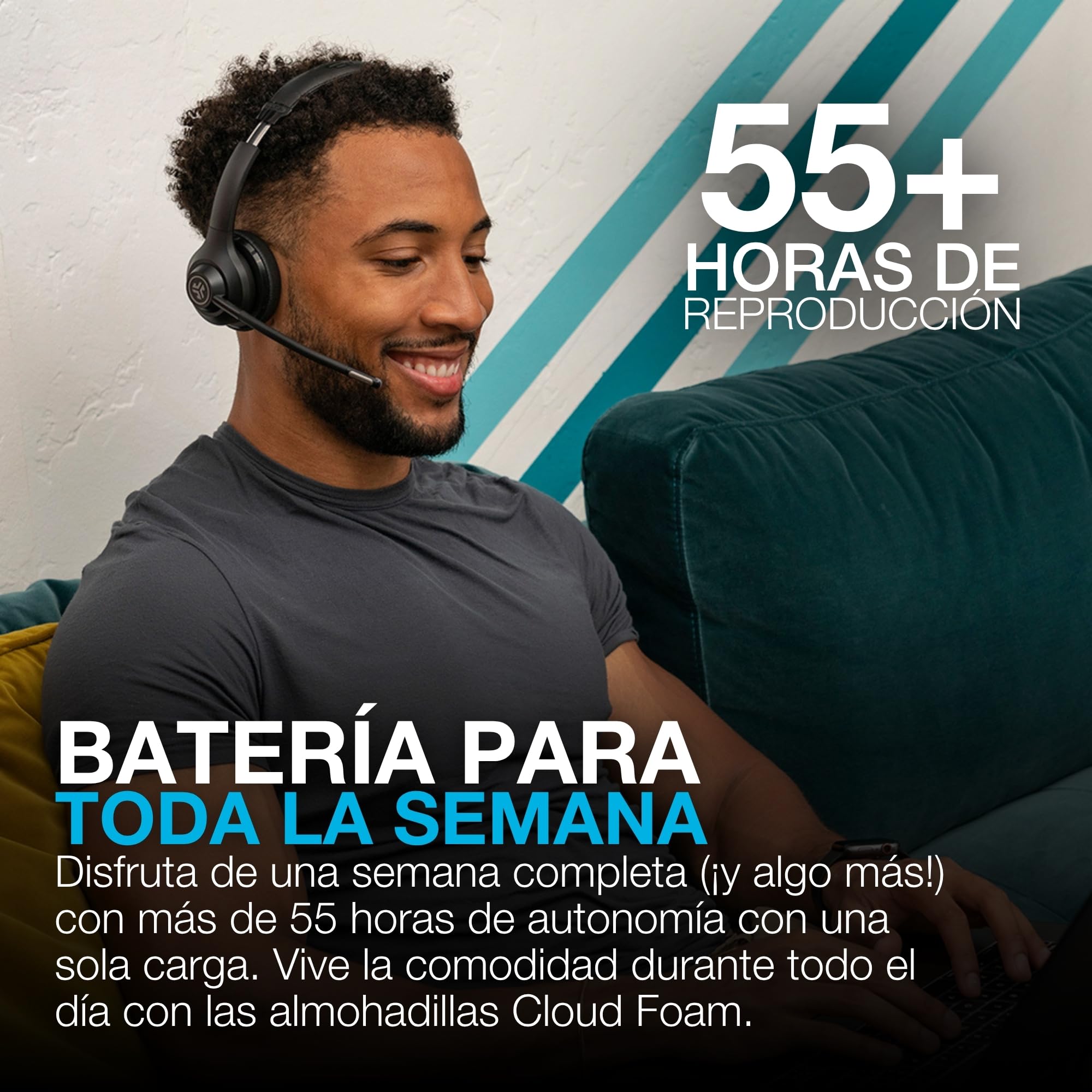 JLab Go Work - Auriculares Inalámbricos de 2ª Generación con Micrófono, Más de 55 Horas de Reproducción Bluetooth o USB-C Dongle PC, Conexión Multipunto a Computadora y Móvil