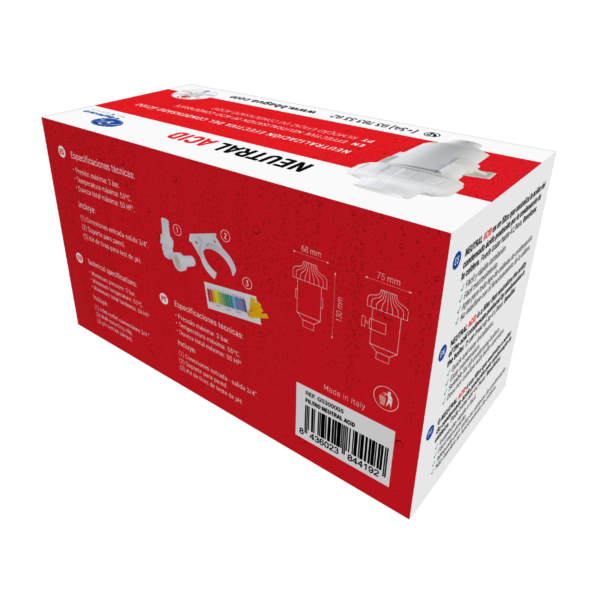 Filtro Neutral Acid. Neutraliza el condensado de ácido producido por la caldera alargando la vida y reduciendo el mantenimiento. Fácil limpieza y mantenimiento. Bbagua.