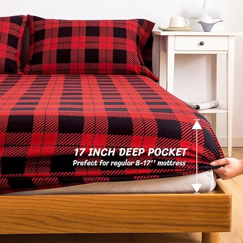 Miniatura 3 de KACEMOO Juego de sábanas tamaño King de 4 piezas  Sábanas estampadas a cuadros rojos y negros de enfriamiento suave de 1800 hilos cepillados, sábana