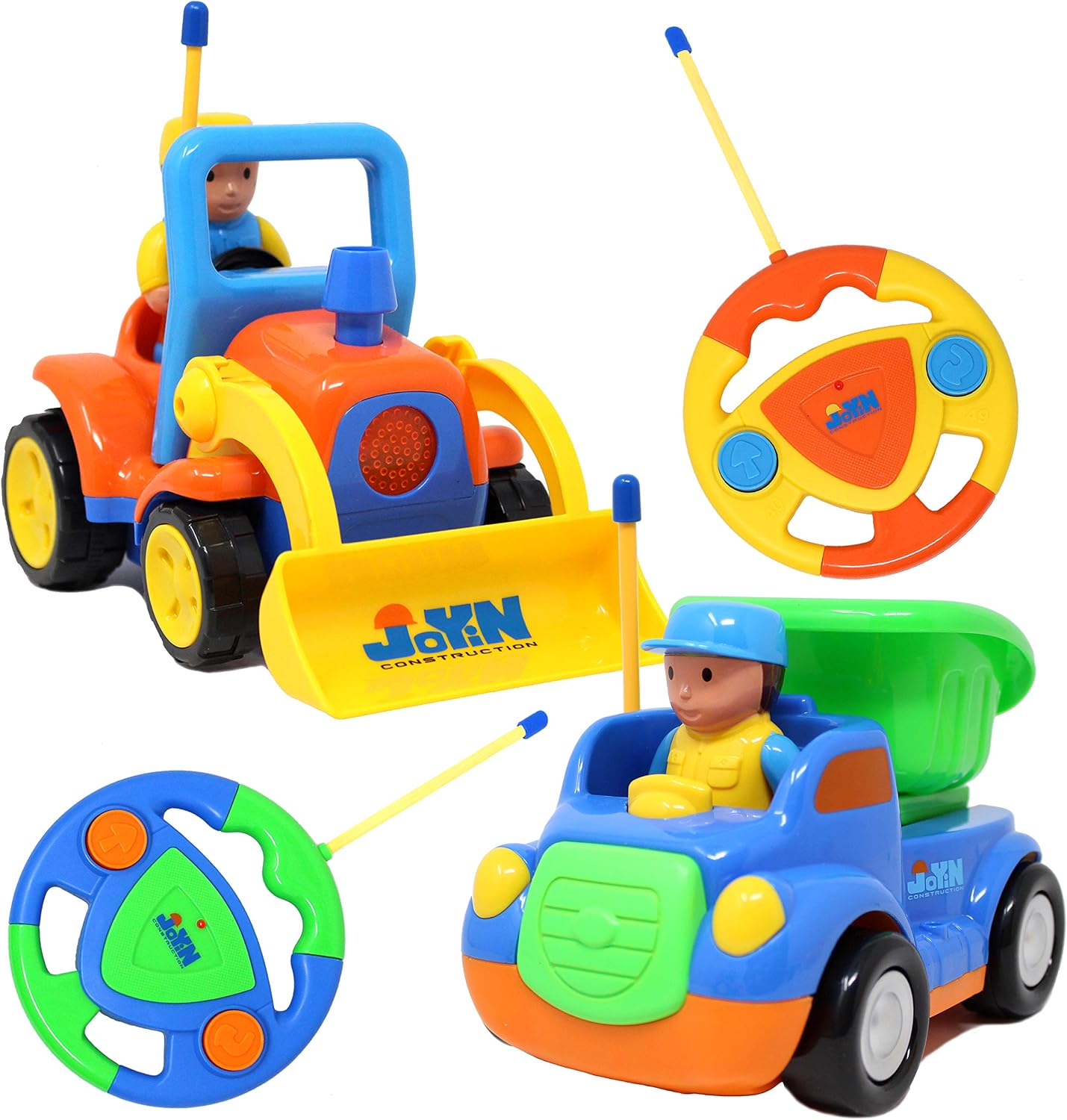 2 Cartoon RC Dump and Bulldozer Trucks Radio Remote Control with Music & Sound includes 2 Figures Toys for Baby, Toddler and Kids Cars, Christmas Stocking Stuffers, and Easter Basket Stuffer Fillers