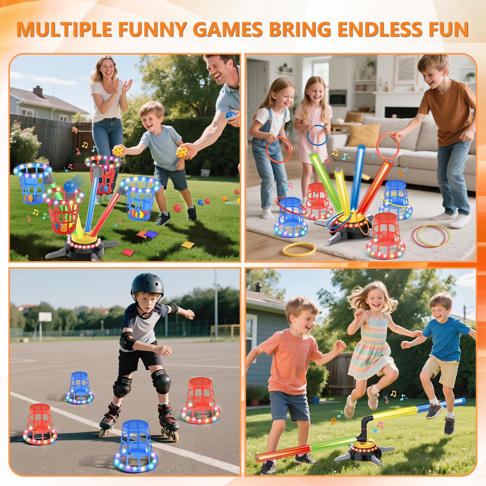 TERRAMUS 3 in 1 Bean Bag Ring Toss Game for Kids Rechargeable Musical Jumping Games w/LED Light & Remote - Image 2