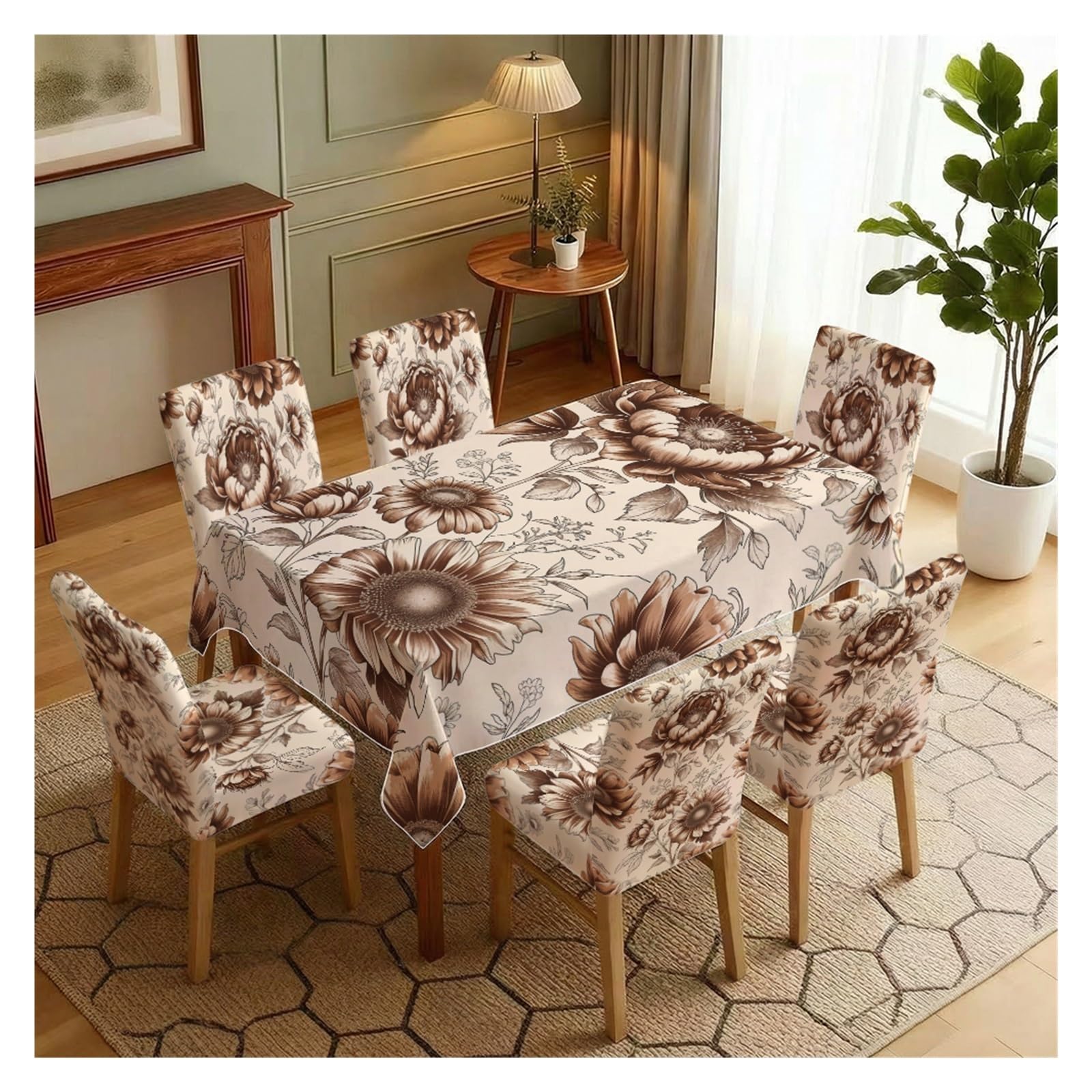 KXUAUV Stretch Dining Chair Slipcover & Tablecloth Set, Cream Base Vintage Sepia Brown Large Floral Print, 5/7 Pack, Retro Farmhouse Elegant Home Decor Party Decor(7pcs Set: Tablecloth+Chair Covers)
