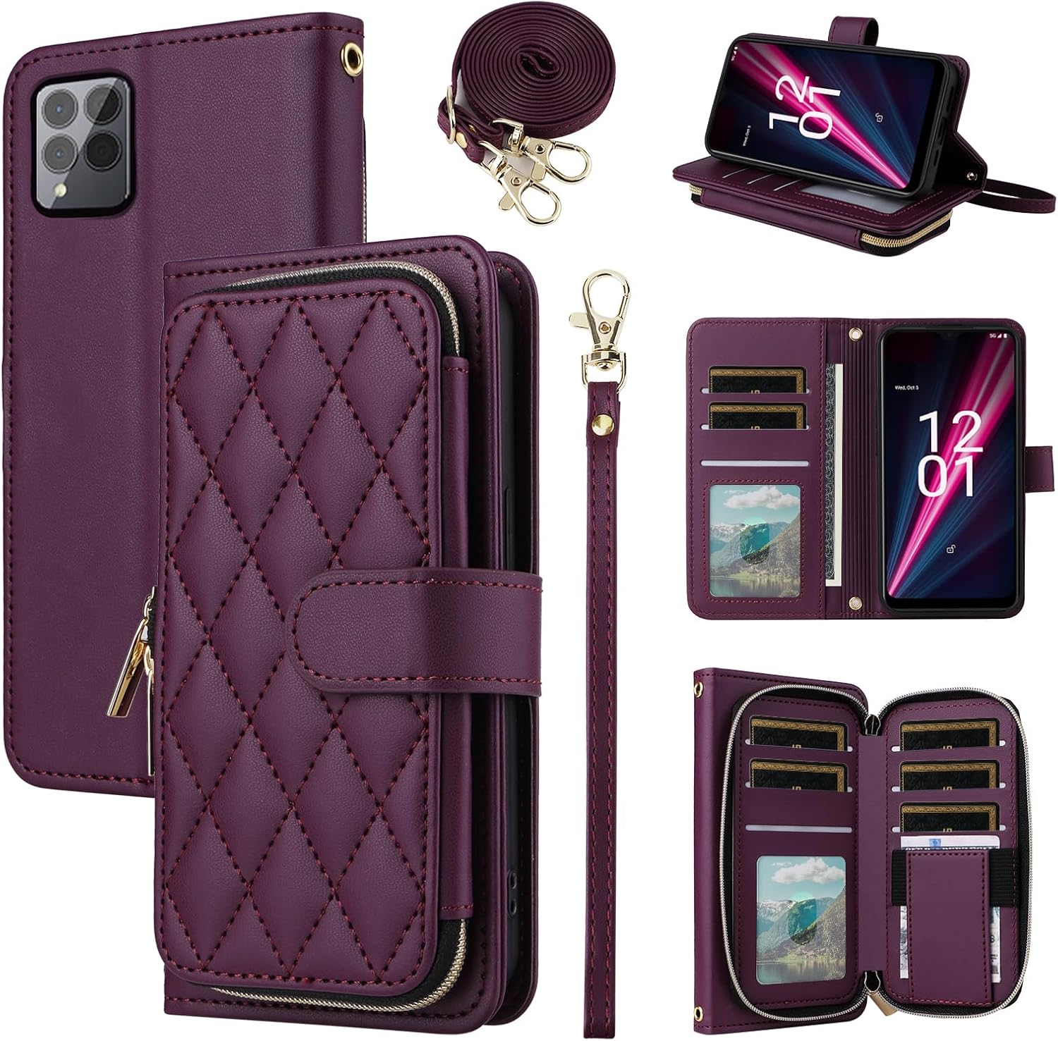Argyle Wallet Case for T-Mobile Revvl 6 Pro/6X Pro 5G with Wrist Strap Shoulder Strap, 9+ Card Slots Zipper Purse Stand Phone Cover for Tmobile Revel X Tmo Revell T Mobile Rebel TCL Deep Purple