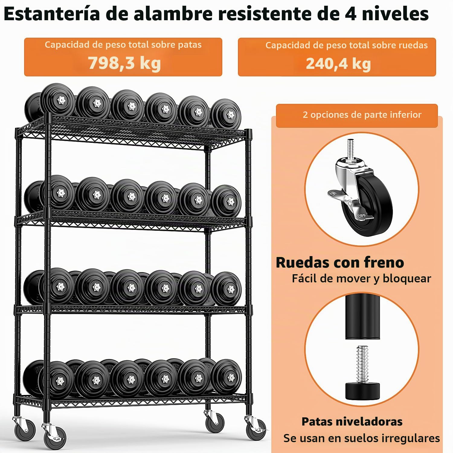 M MZG Estantería Industrial Metálica con Ruedas Bloqueables de 4 Niveles, hasta 1198,2 kg, Estantería de Carga Pesada para Almacén, Taller y Uso Profesional,Estudio, Negro, 60 x 135 x 186,9 cm