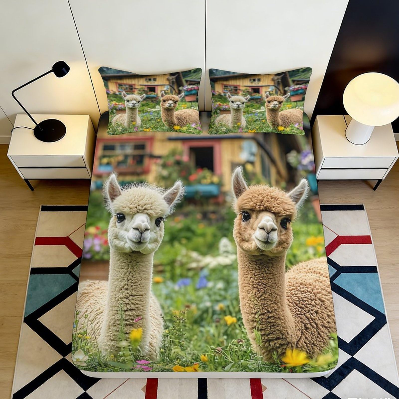 3D Printed Alpacas Fitted Sheet Microfiber Soft Breathable Animal Print Bed Cover for Bedroom Dormitory Guest Room Mattress Protection Decor 140x200x25cm