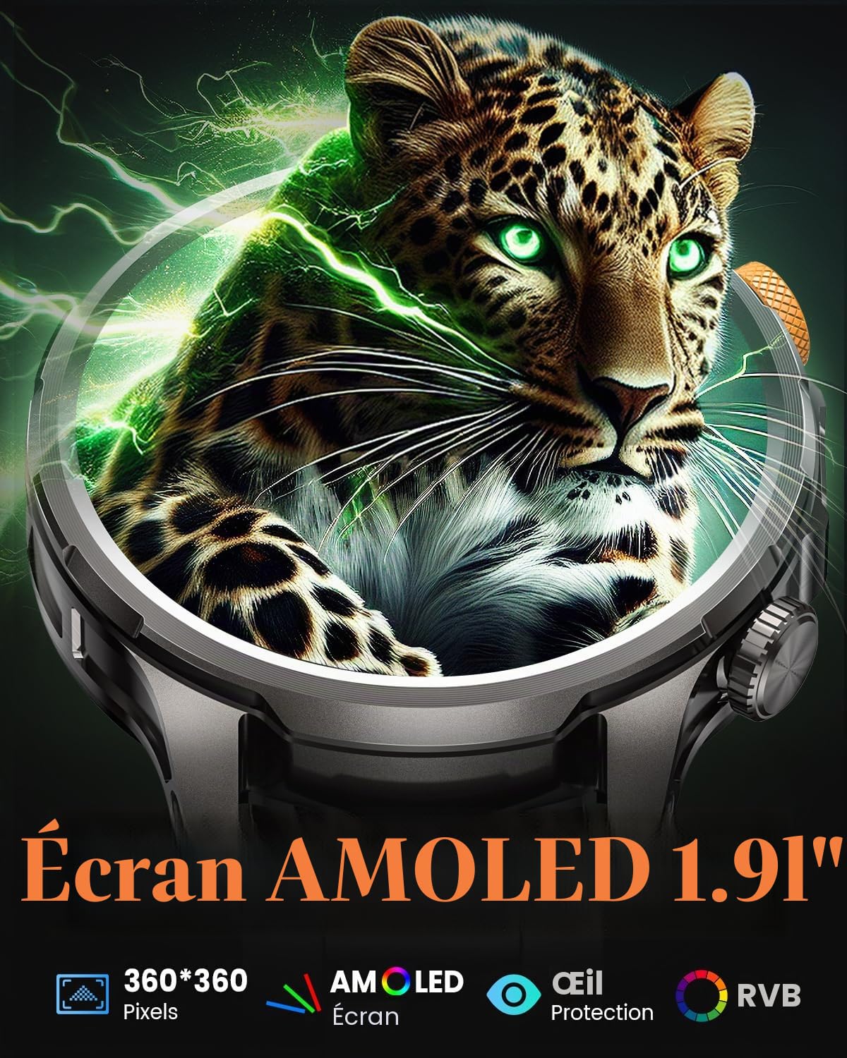 Montre Connectée Homme 1000mAh/5ATM Étanche/LED Lampe, 1.91" AMOLED Militaire Smartwatch Homme Appel Bluetooth, 113 Modes Sportifs, 24H Sommeil/Fréquence Cardiaque/Podomètre 2 Sangles Android iOS Noir