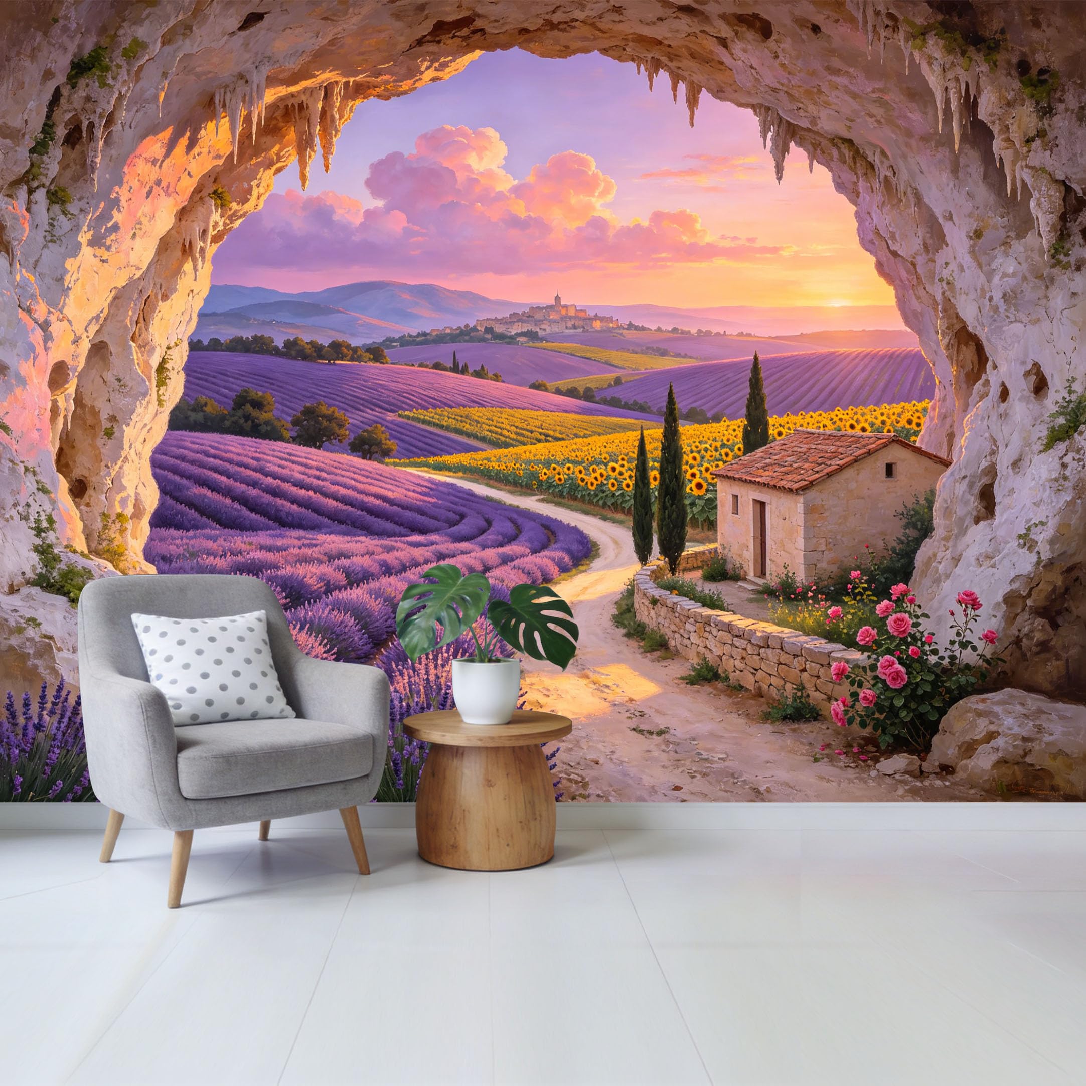 Custom Size Wall Mural Lavender Field Sunset Mountain Landscape View from Cave Removable Self Adhesive Fabric Home Wall Decor for Living Room Bedroom Bathroom