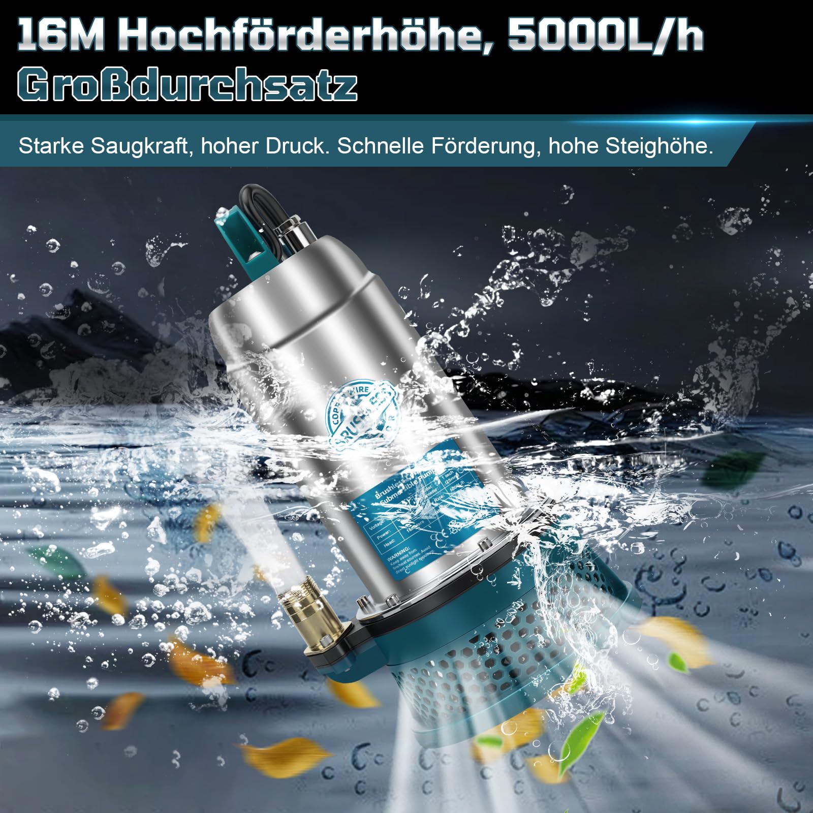 Pompa sommersa compatibile con batteria Makita da 18 V (senza batteria), pompa dell'acqua senza fili da 5000 l/h con tubo da 10 m, cavo di collegamento da 5 m, ideale per piscina, letto d'acqua