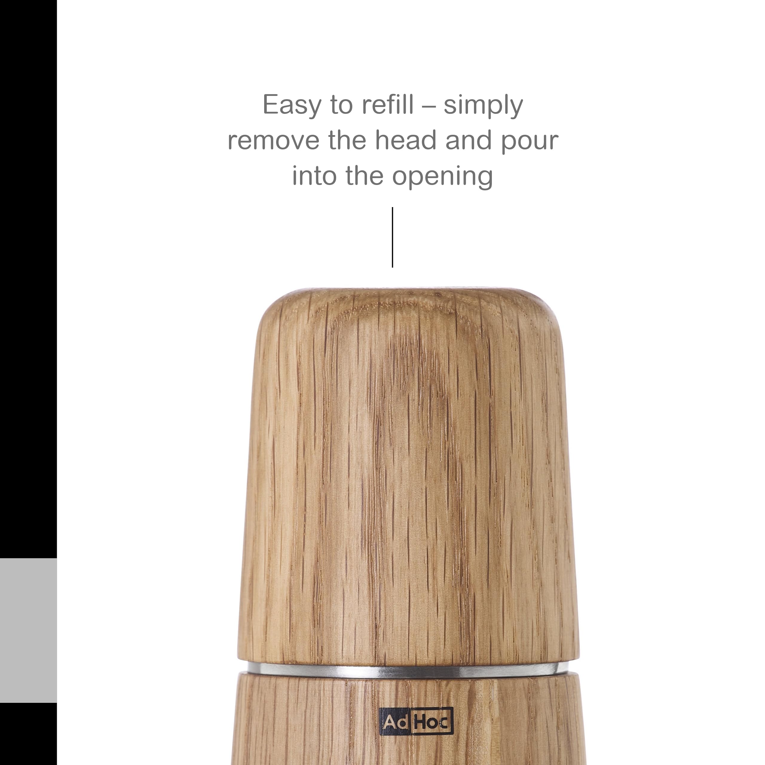 AdHoc Yono Gewürzmühle 15 cm – manuelle Mühle aus Eichenholz, geölt (hell) – Keramikmahlwerk stufenlos einstellbar – Premium Holzmühle für Salz und Pfeffer – Elegantes Design für Küche und Tisch