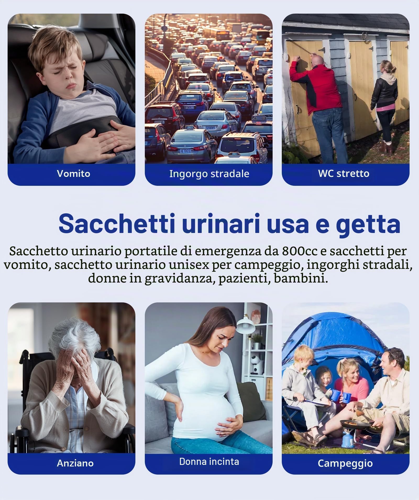 Orinatoio portatile per uomini, sacchetti usa e getta per urina con manico, sacchetti per pipì di emergenza, orinatoi da viaggio per uomini, donne, incinte, pazienti, bambini, viaggi, auto,