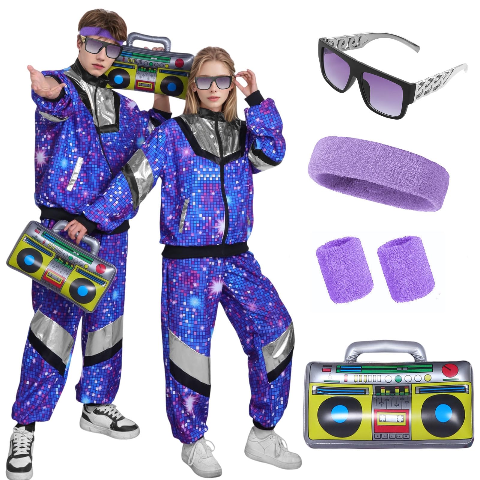 Antsparty 80s Shell Suit Costume for Men Women, 1980s Fancy Dress Costume Retro 80s Tracksuit Disco Outfit