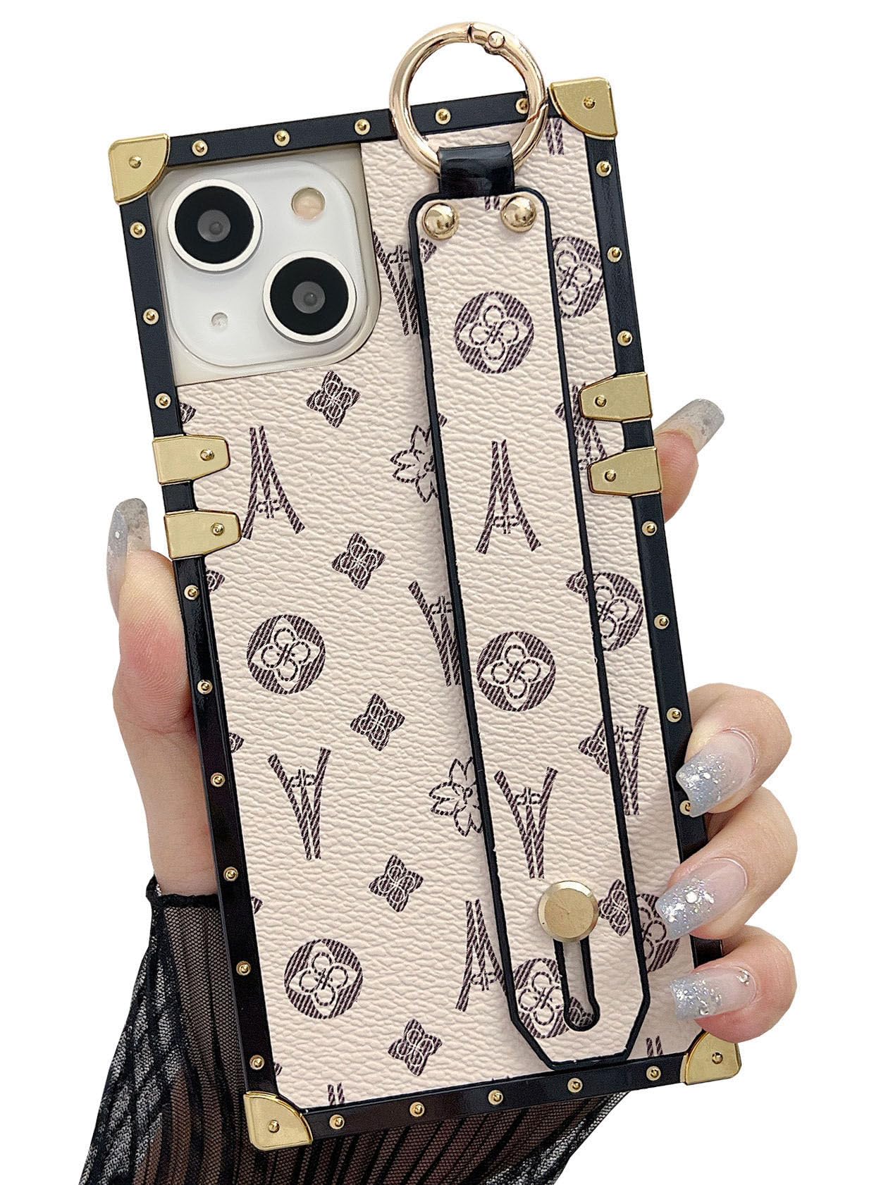 Dropcases Compatible with iPhone 13/14 Case Leather Rectangle,Protective Luxury Designer Case for Women Girls,with Wrist Strap Kickstand Holder Cute