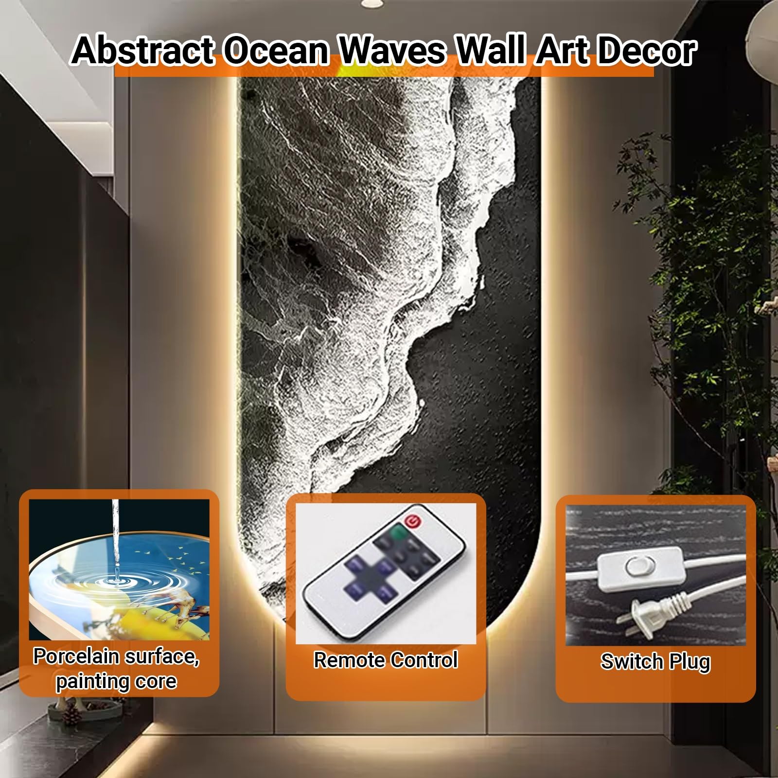 Abstrakte Ocean Waves Wall Art Decor Painting with Light Behind, Plug-in Power LED Entryway Wall Skulptur, Modern Home Decor Hanging Wall Decor for Hallway Living Room.(ClrD,70x140cm/27.6x55.1in)