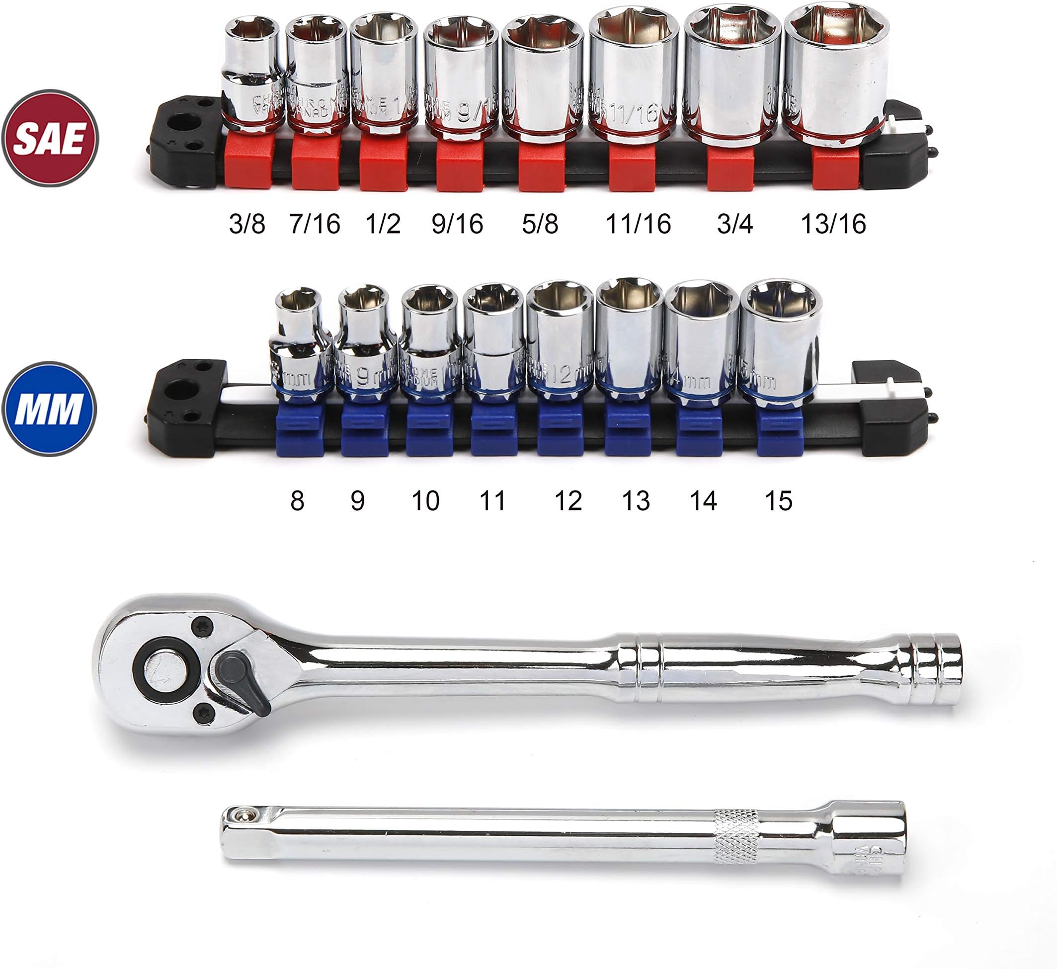 Hyper Tough20-Piece 3/8-Inch Drive RATCHET & SOCKET SET SAE & METRIC Socket Holder/Rail