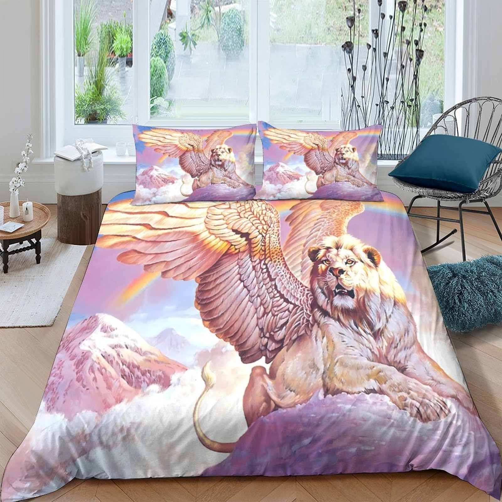 Ctjqhvkz Style-10 3D Printed Lion With Wings Fitted Sheet Microfiber Soft Purple Sunset Bed Cover For Bedroom Dorm Mattress Decor Single（135X200cm）