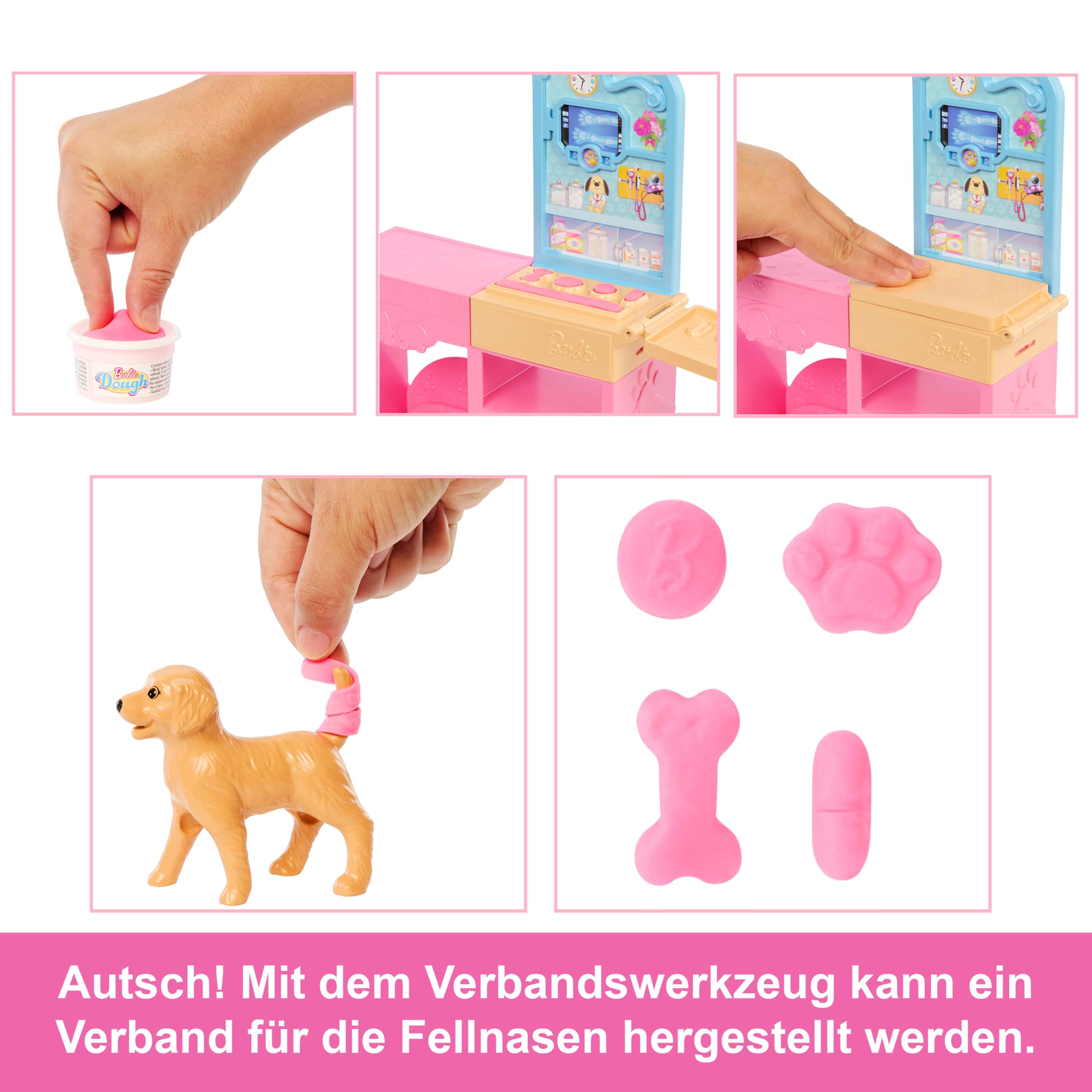 Barbie Gute Besserung Tierkrankenstation-Spielset aus Modepuppe mit rosa gefärbten Haaren, Tierarzt-Möbeln und mehr als 10 Zubehörteilen, einschließlich Förmchen und Knete zum Bandagieren, JFX93