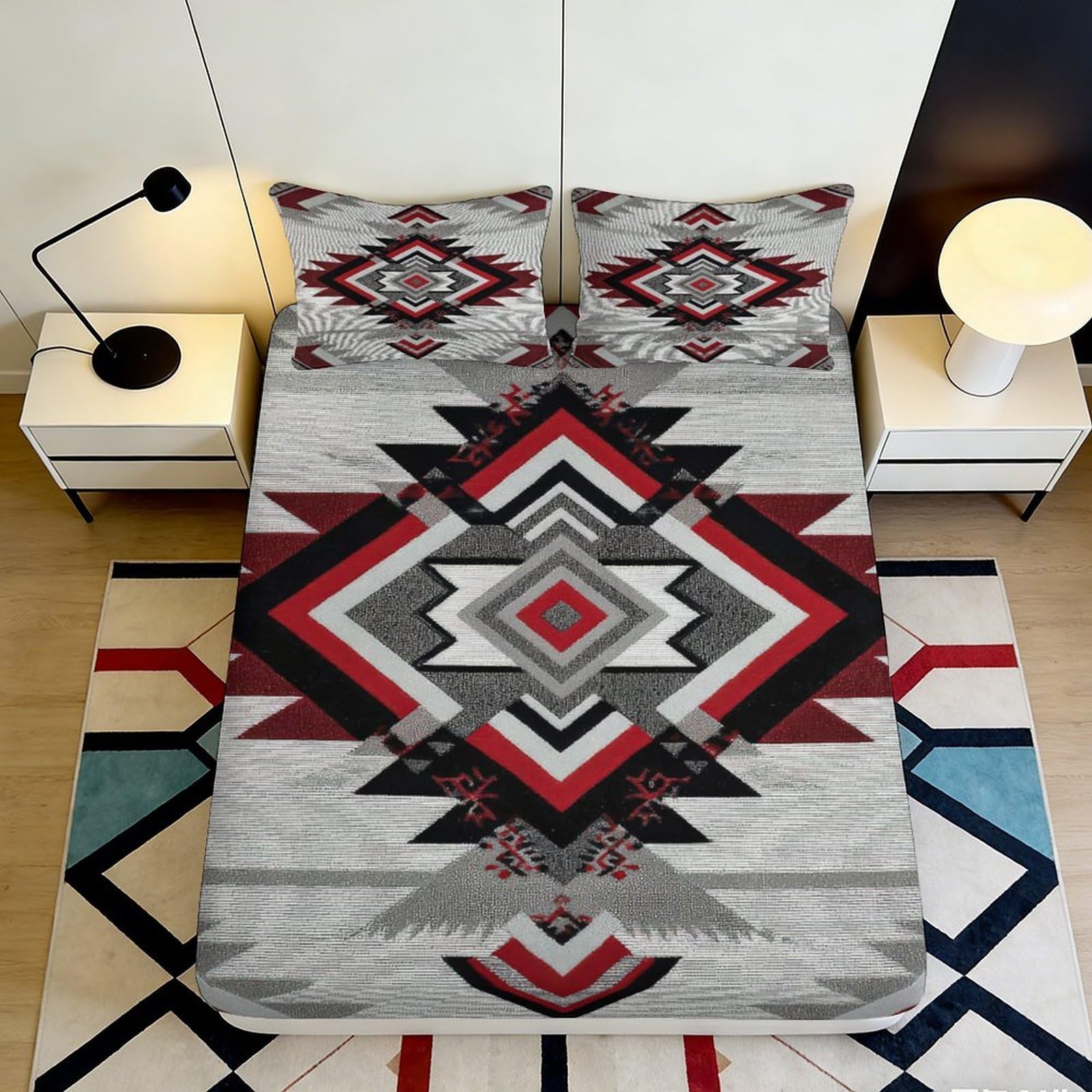 3D Printed Ethnic Geometric Fitted Sheet Microfiber Non-Slip Deep Pocket Aztec Mattress Fitted Cover Bedroom Bedding 140x200x25cm