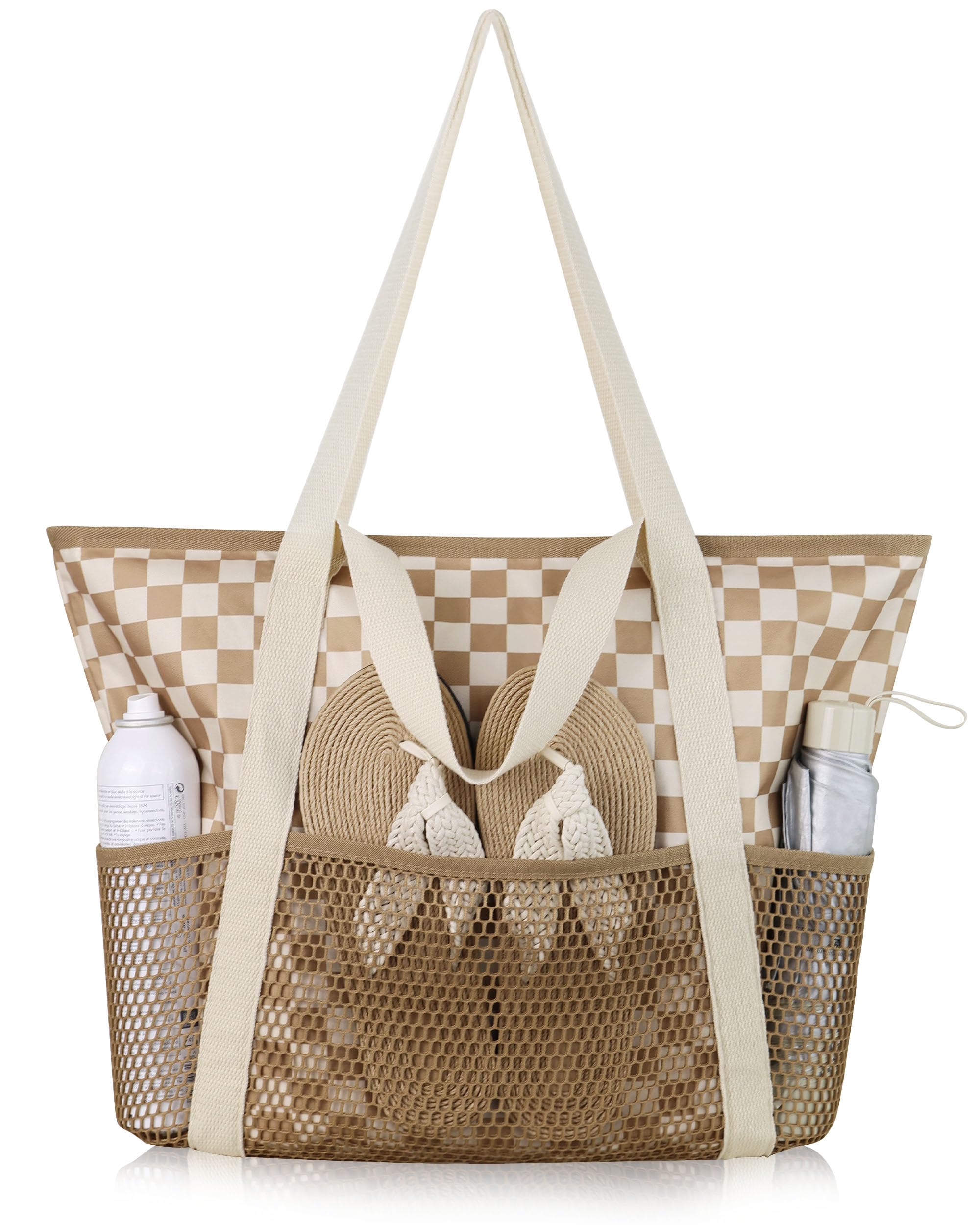 HOMESPON Strandtasche Damen mit Reißverschluss Große Wasserdicht Mesh Badetasche Familie Faltbar Beach Tote Bag Shopper