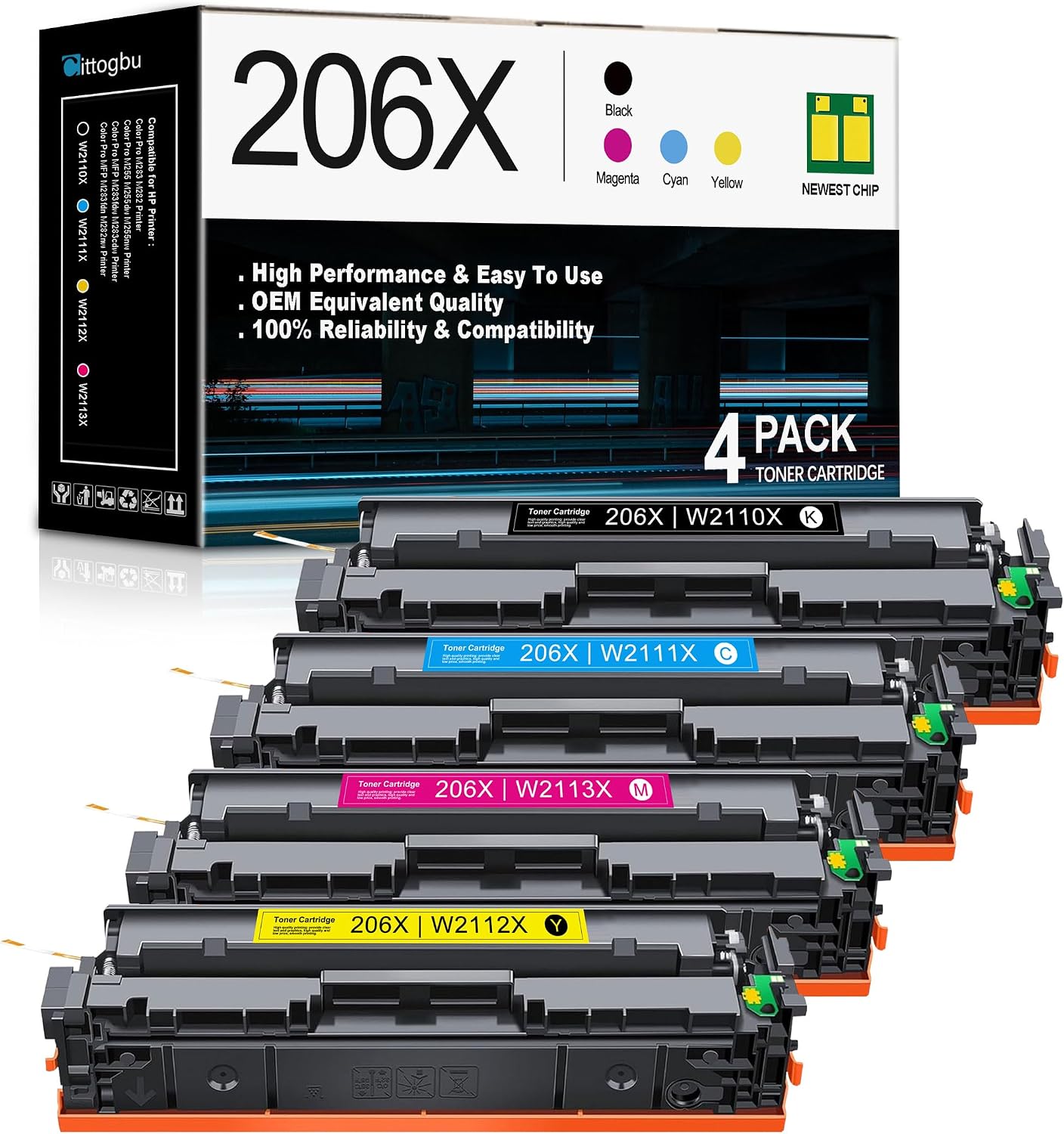 206X High Yield Toner Cartridge Compatible 4 Pack 206X 206A Toner Cartridges Replacement for HP Color Pro M283 M282 M255 M255dw M255nw MFP M283fdw M283cdw M283fdn M282nw Printers (BK/C/M/Y)