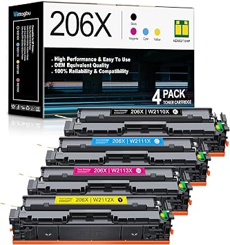 206X High Yield Toner Cartridge Compatible 4 Pack 206X 206A Toner Cartridges Replacement for HP Color Pro M283 M282 M255 M255dw M255nw MFP M283fdw M283cdw M283fdn M282nw Printers BK/C/M/Y
