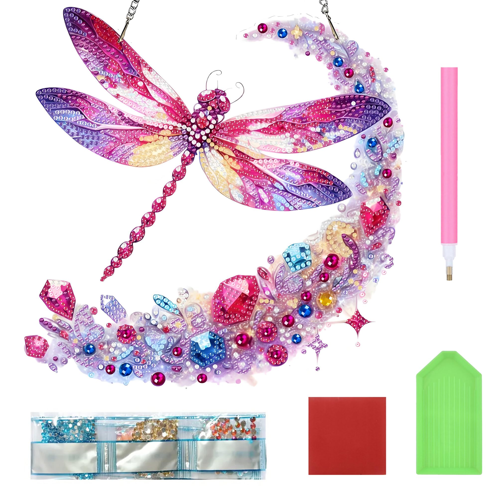 5D Diamond Art Sets for Adults, DIY Diamond Hanging Painting Kits with Chain, Acrylic Crystal Gemstone Painting Art Ornament, Colourful Craft Kit for Window Wall Home Décor and Gifts (Dragonflie)