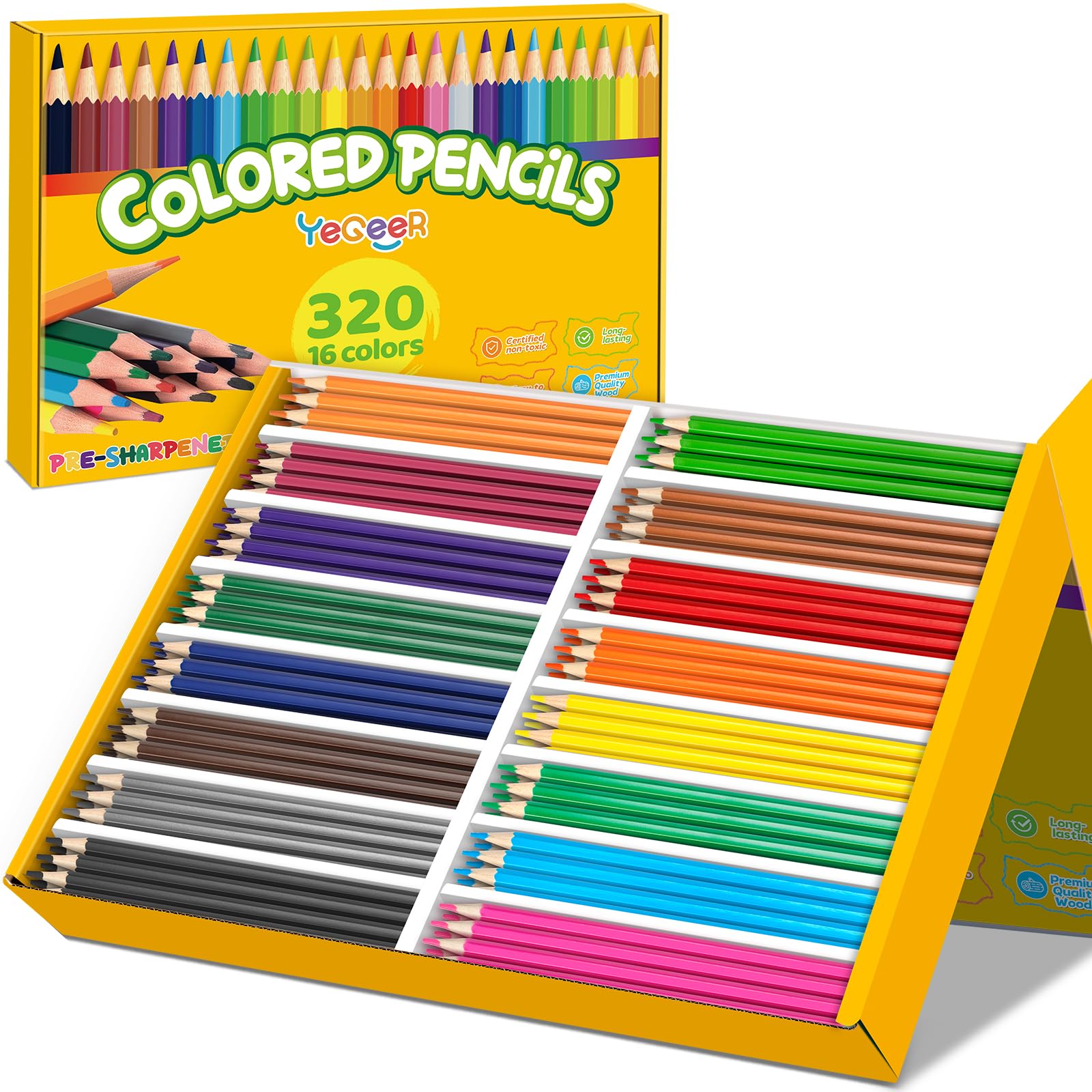 YEGEER Buntstifte, 320 Stück, 16 verschiedene Farben, vorgespitztes Buntstifte-Set für Kinder und Erwachsene, Lehrer, wesentliche Klassenzimmerpreise, Schulbedarf