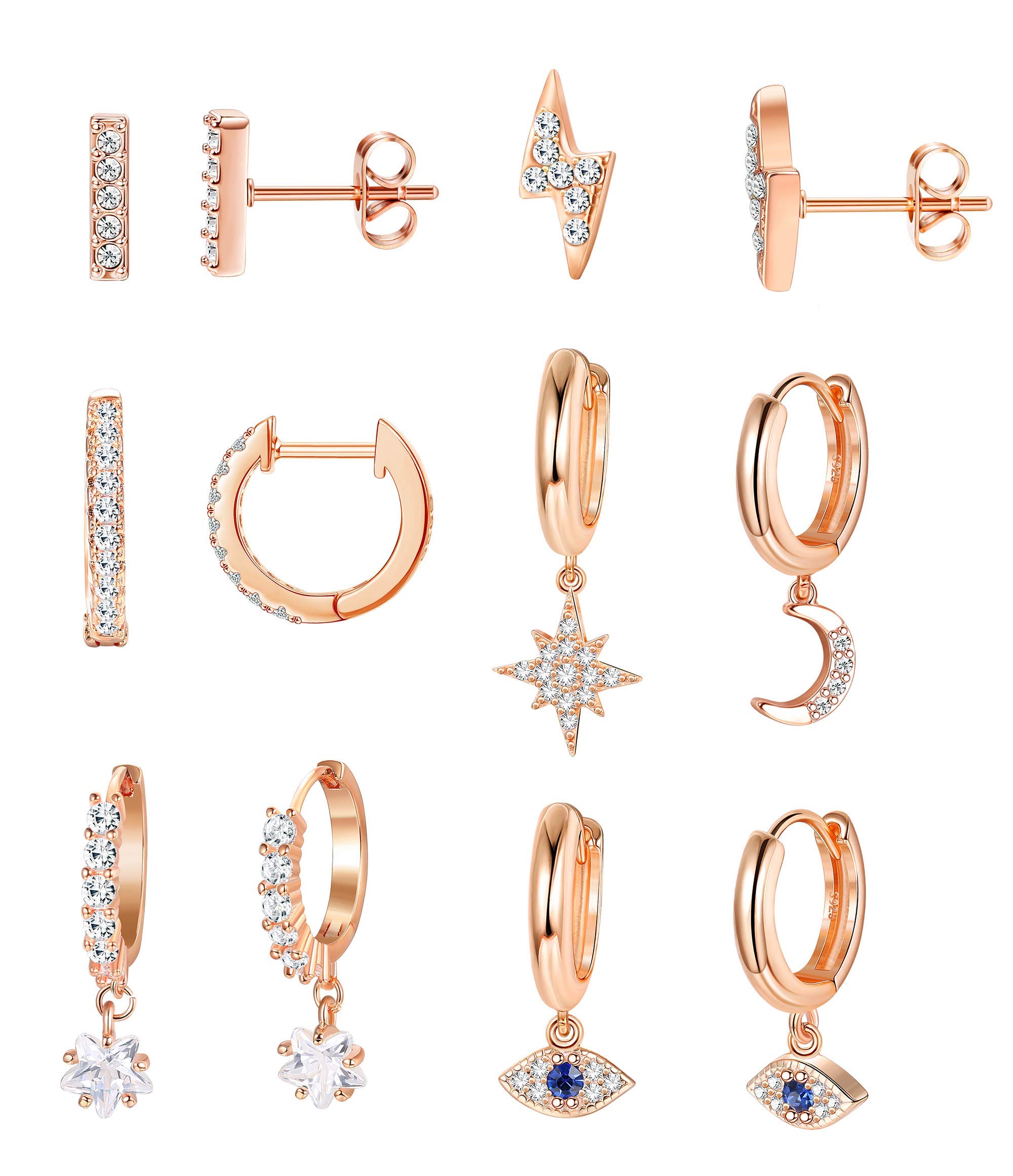 MILACOLATO 6 pares set pendientes Luna Estrella Dangle Aros Pendientes para mujer Mini Bar Stud Pendientes CZ Drop Cartilage Joyería linda Pequeño Huggie Aros Regalo Chapado en Oro