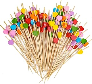 100 Stück Cocktailspieße, 12 CM Schaschlikspieße Holz mit Herz, Bunte Holzspieße für Fingerfood, Obstspieße, Holzstäbchen für Snacks & Hochzeitstorte Deko