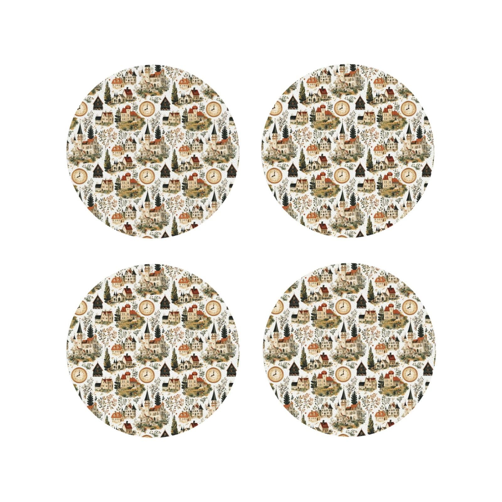 Leather Coasters Set of 4 - Retro Village Print Lightweight Drink Coasters for Desk